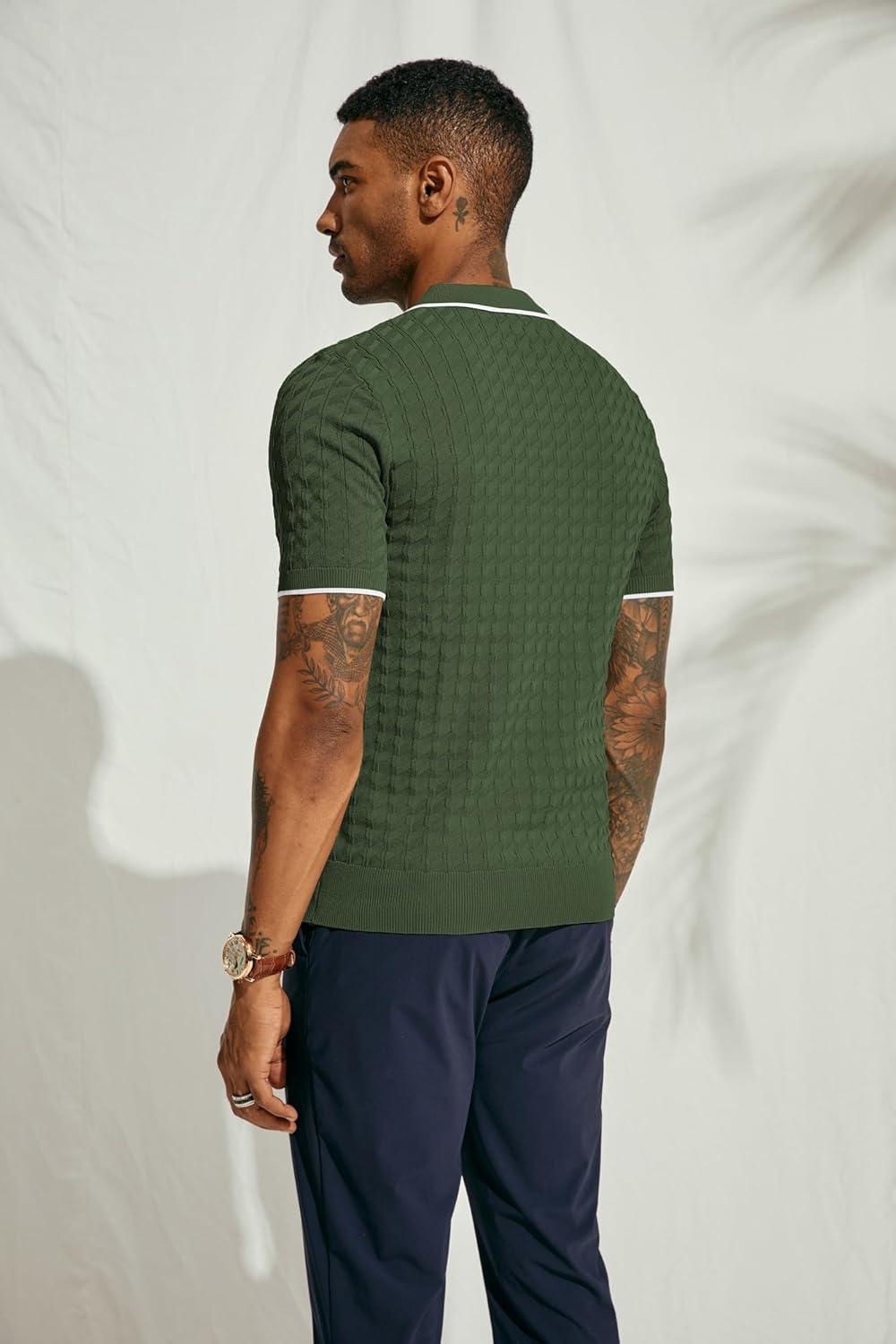 imagePJ PAUL JONES Mens Knit Polo Shirts Short Sleeve Quarter Zip Polo ShirtArmy Green