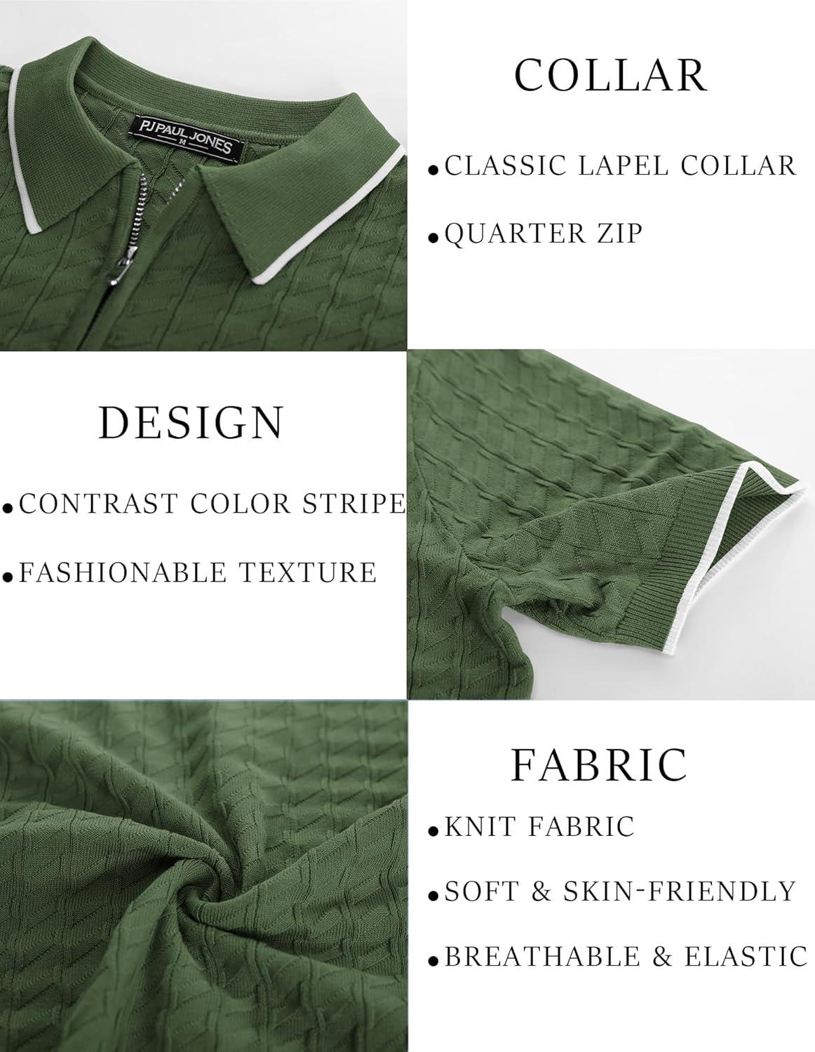 imagePJ PAUL JONES Mens Knit Polo Shirts Short Sleeve Quarter Zip Polo ShirtArmy Green
