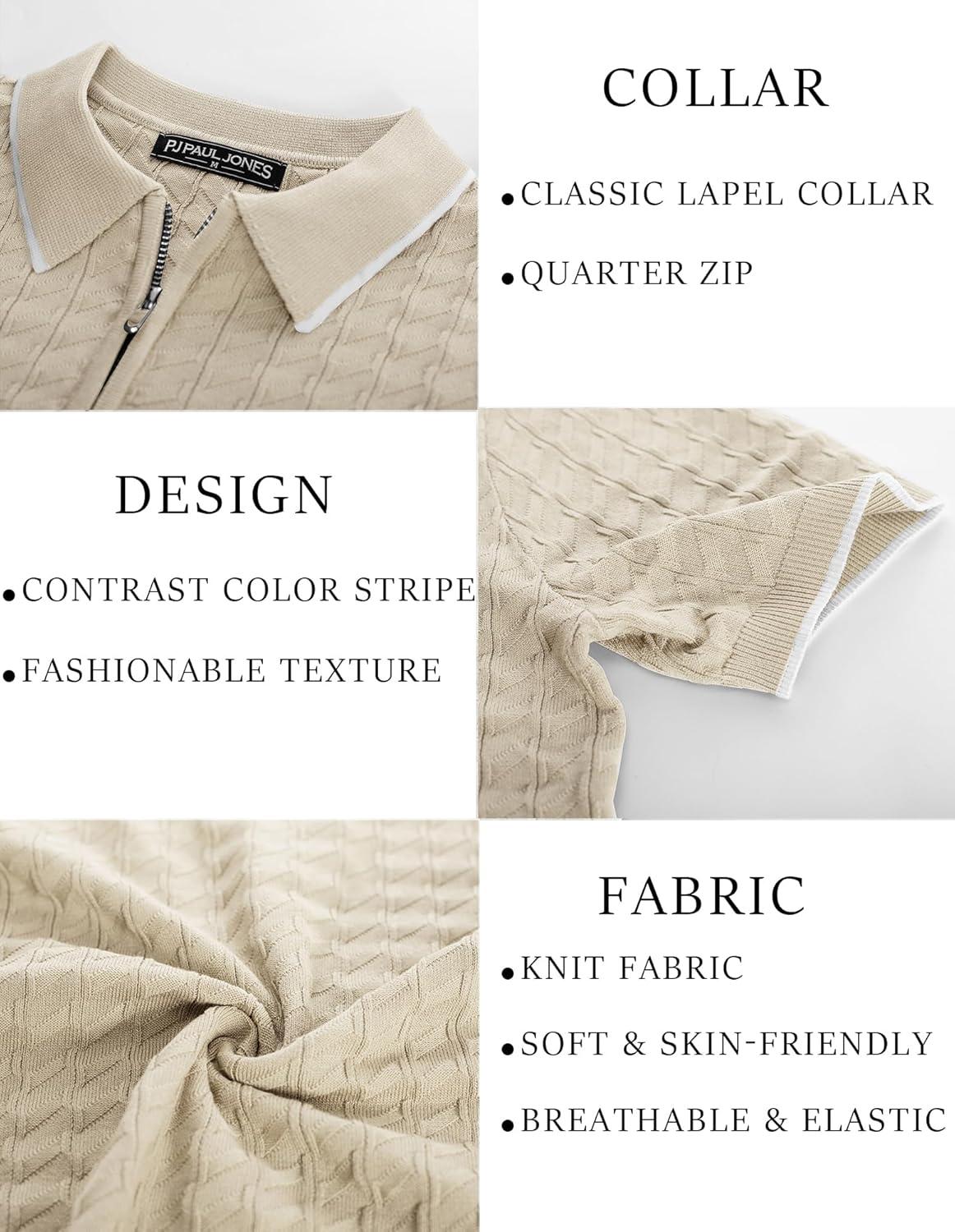 imagePJ PAUL JONES Mens Knit Polo Shirts Short Sleeve Quarter Zip Polo ShirtBeige