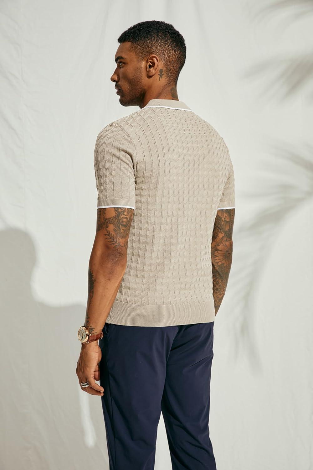 imagePJ PAUL JONES Mens Knit Polo Shirts Short Sleeve Quarter Zip Polo ShirtBeige