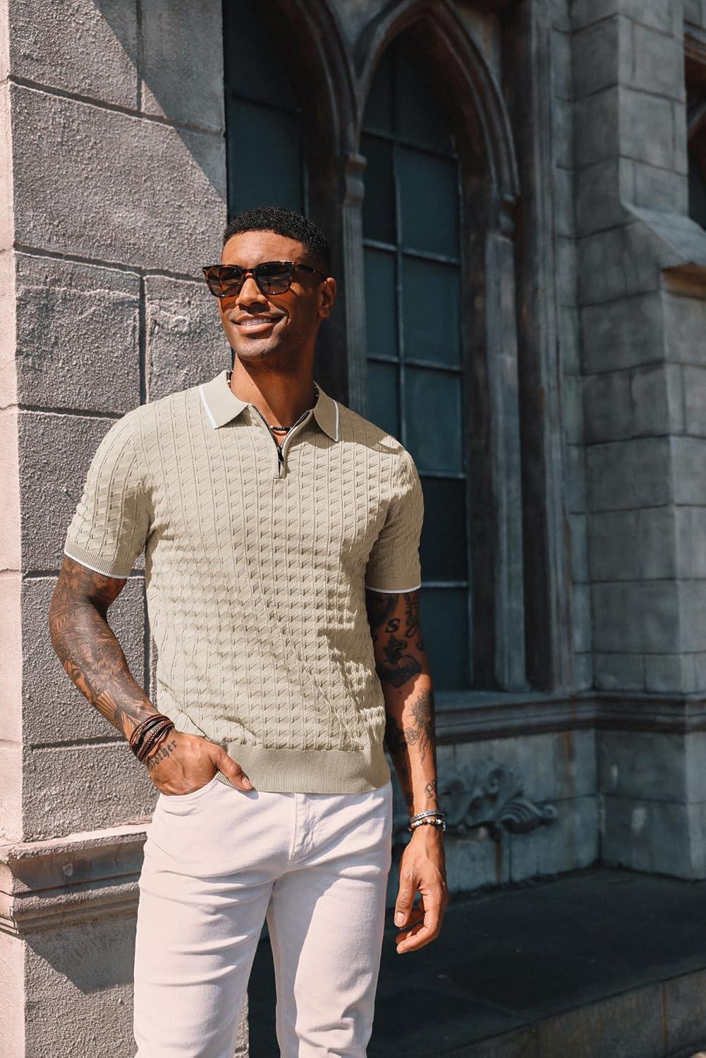 imagePJ PAUL JONES Mens Knit Polo Shirts Short Sleeve Quarter Zip Polo ShirtBeige