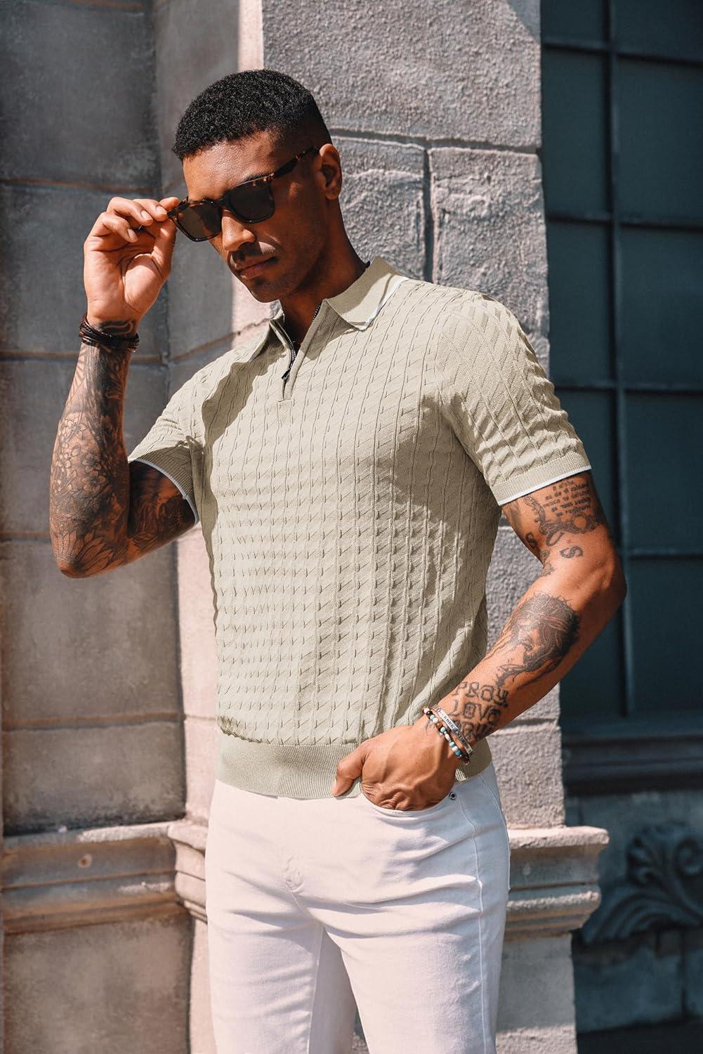 imagePJ PAUL JONES Mens Knit Polo Shirts Short Sleeve Quarter Zip Polo ShirtBeige