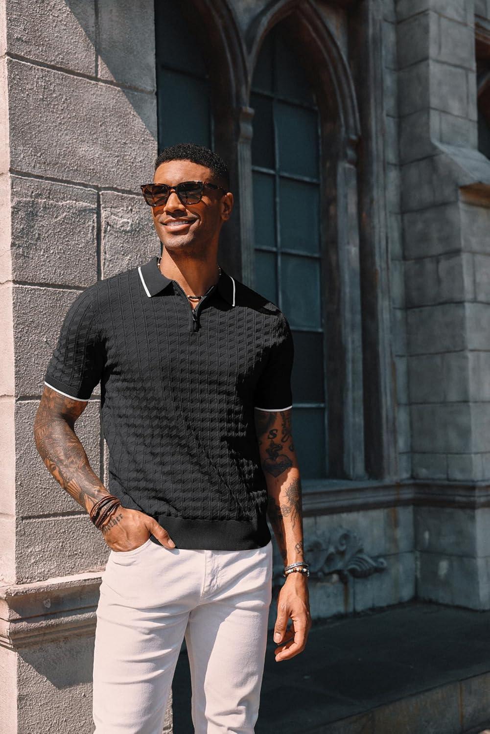 imagePJ PAUL JONES Mens Knit Polo Shirts Short Sleeve Quarter Zip Polo ShirtBlack