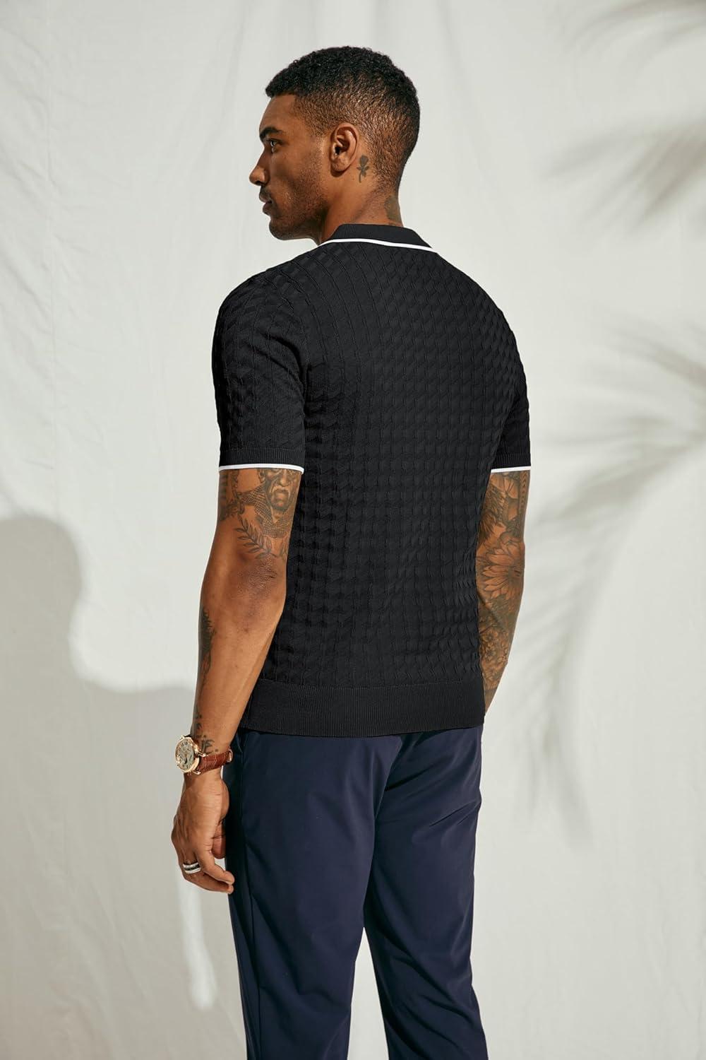 imagePJ PAUL JONES Mens Knit Polo Shirts Short Sleeve Quarter Zip Polo ShirtBlack