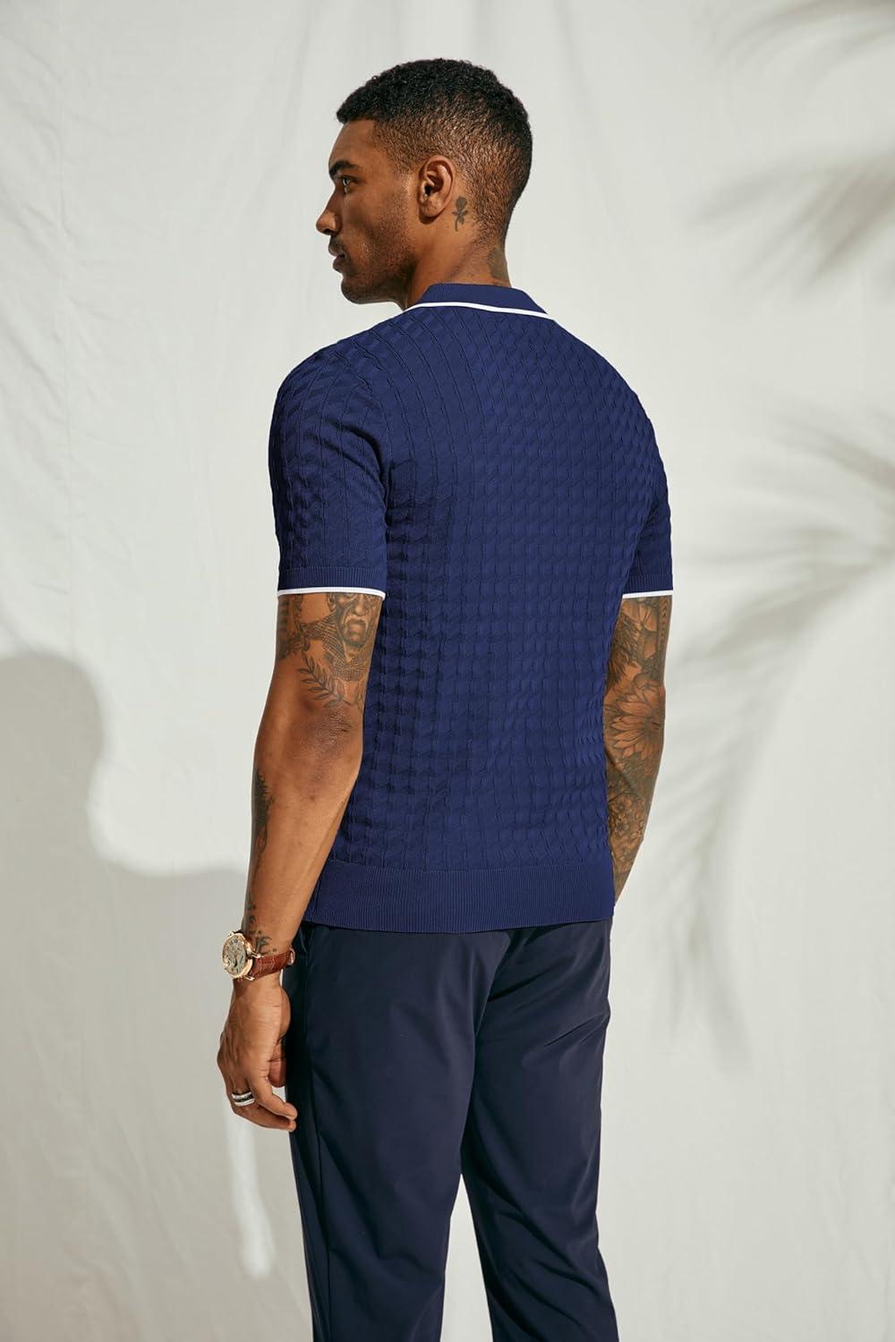 imagePJ PAUL JONES Mens Knit Polo Shirts Short Sleeve Quarter Zip Polo ShirtDark Blue