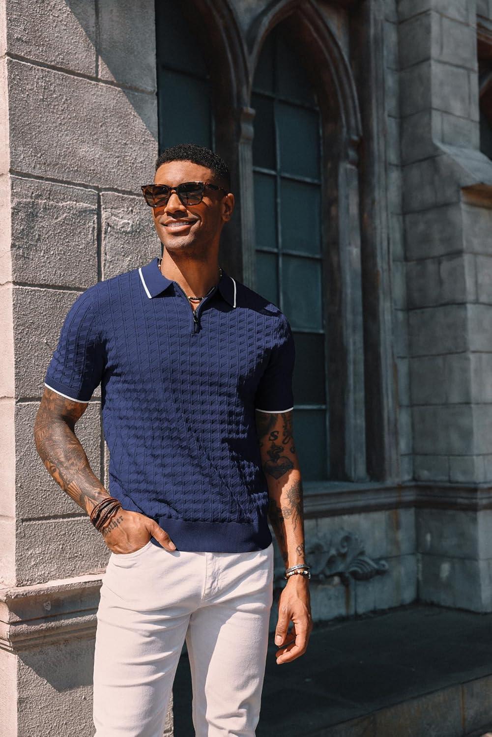 imagePJ PAUL JONES Mens Knit Polo Shirts Short Sleeve Quarter Zip Polo ShirtDark Blue