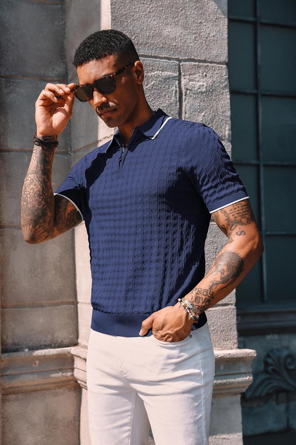 imagePJ PAUL JONES Mens Knit Polo Shirts Short Sleeve Quarter Zip Polo ShirtDark Blue