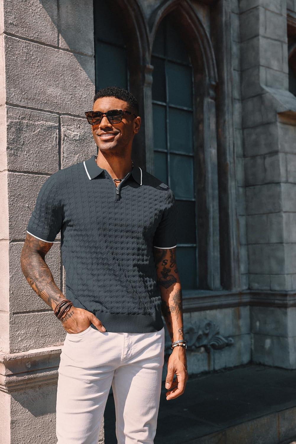 imagePJ PAUL JONES Mens Knit Polo Shirts Short Sleeve Quarter Zip Polo ShirtDark Gray