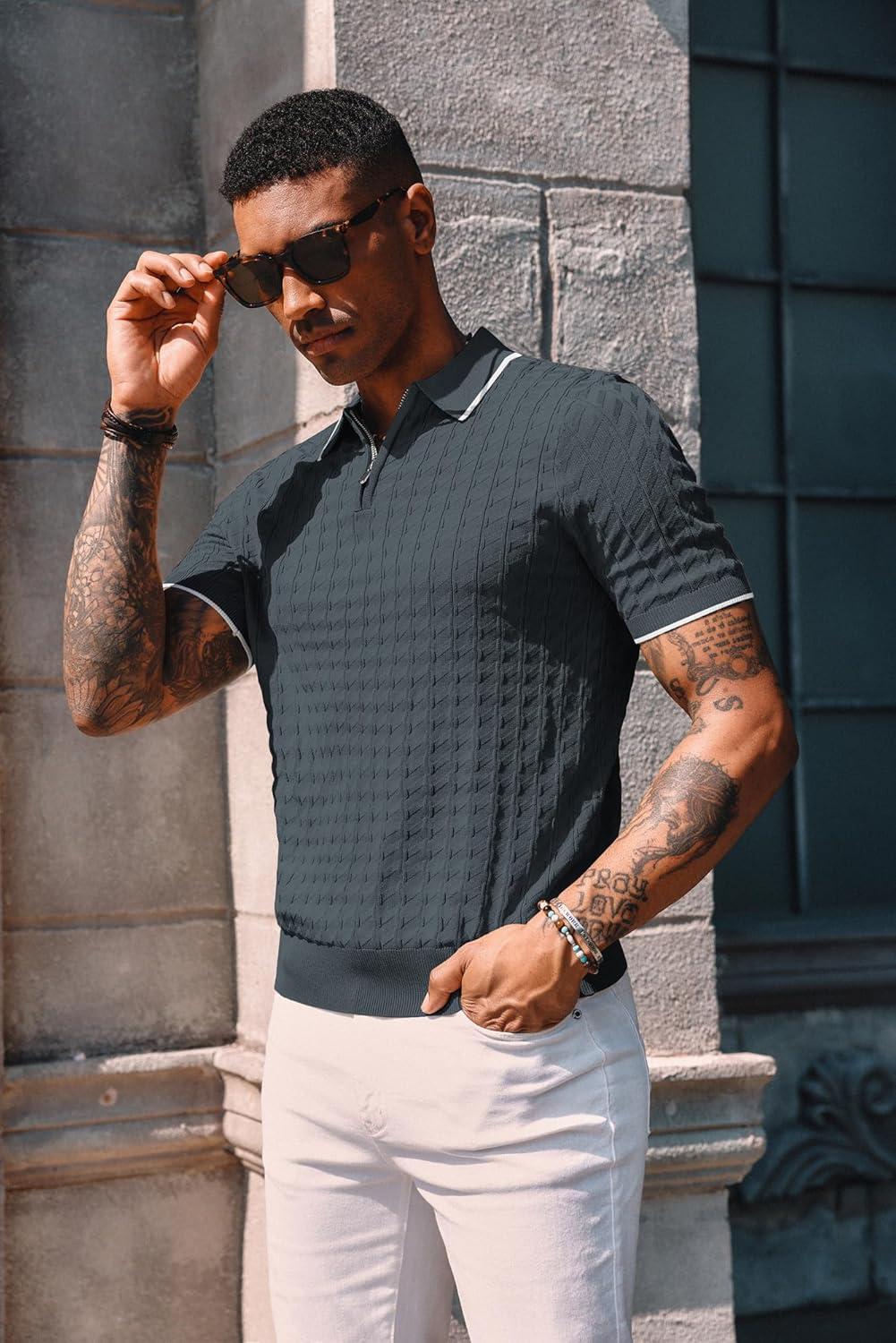 imagePJ PAUL JONES Mens Knit Polo Shirts Short Sleeve Quarter Zip Polo ShirtDark Gray