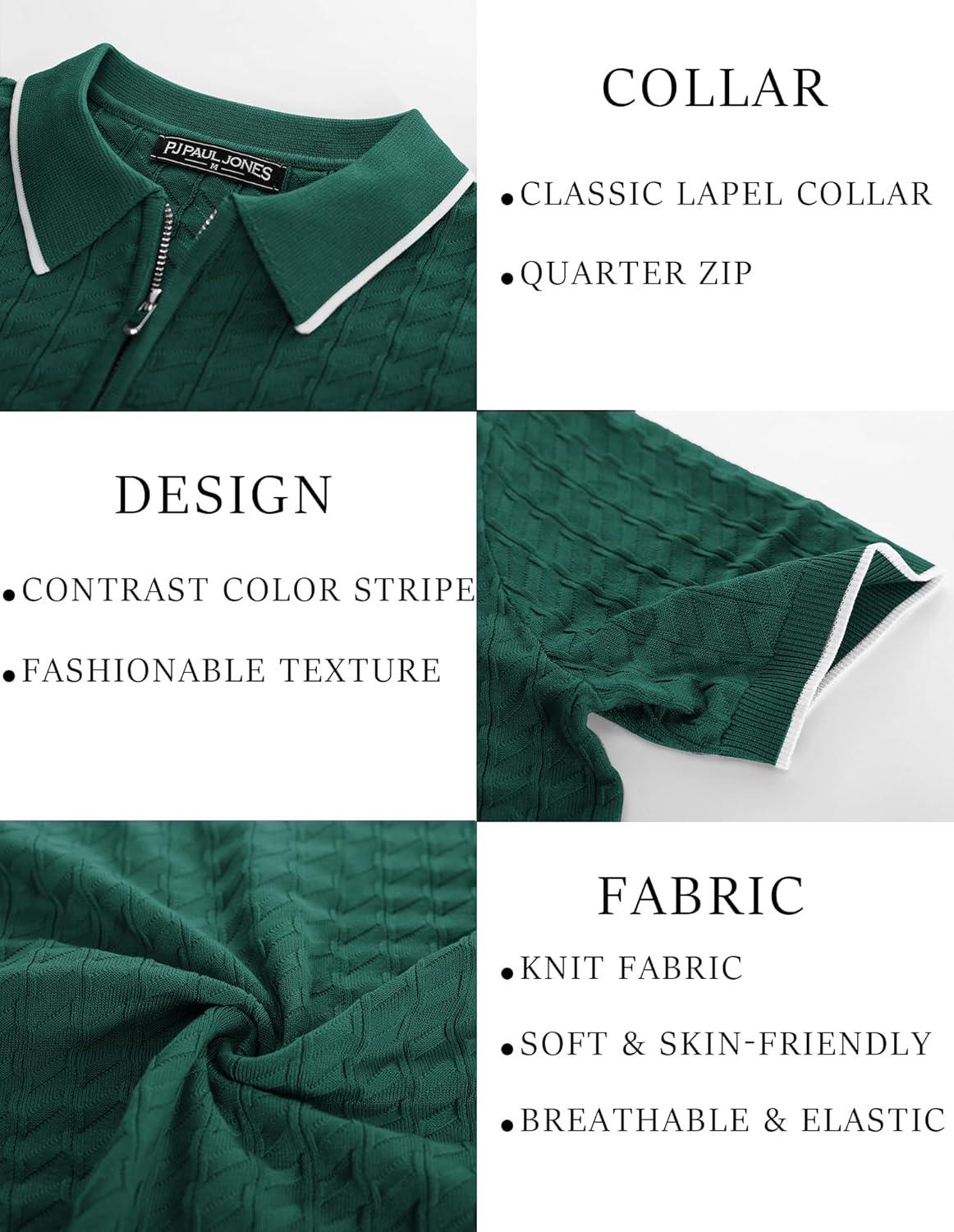 imagePJ PAUL JONES Mens Knit Polo Shirts Short Sleeve Quarter Zip Polo ShirtDark Green
