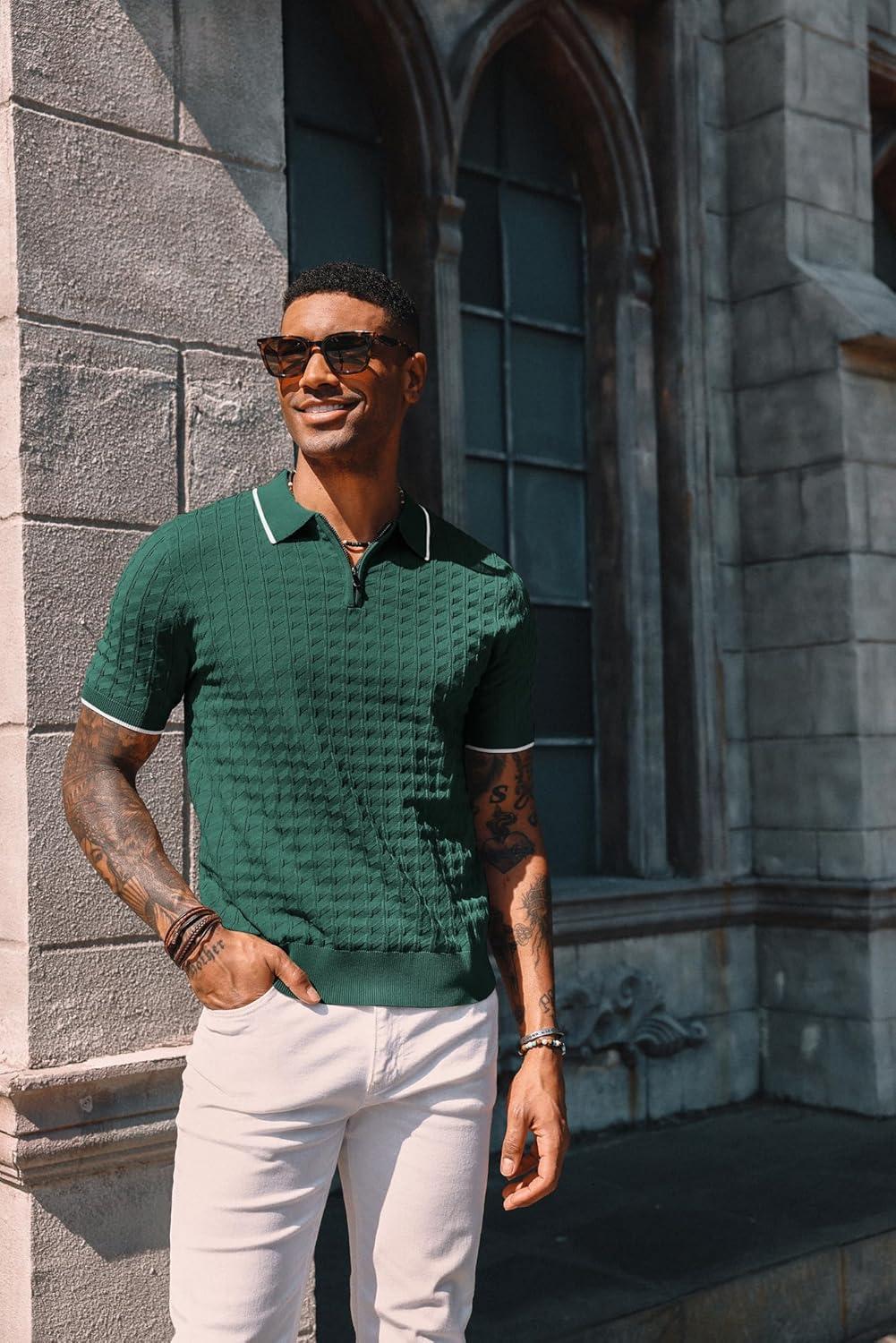 imagePJ PAUL JONES Mens Knit Polo Shirts Short Sleeve Quarter Zip Polo ShirtDark Green