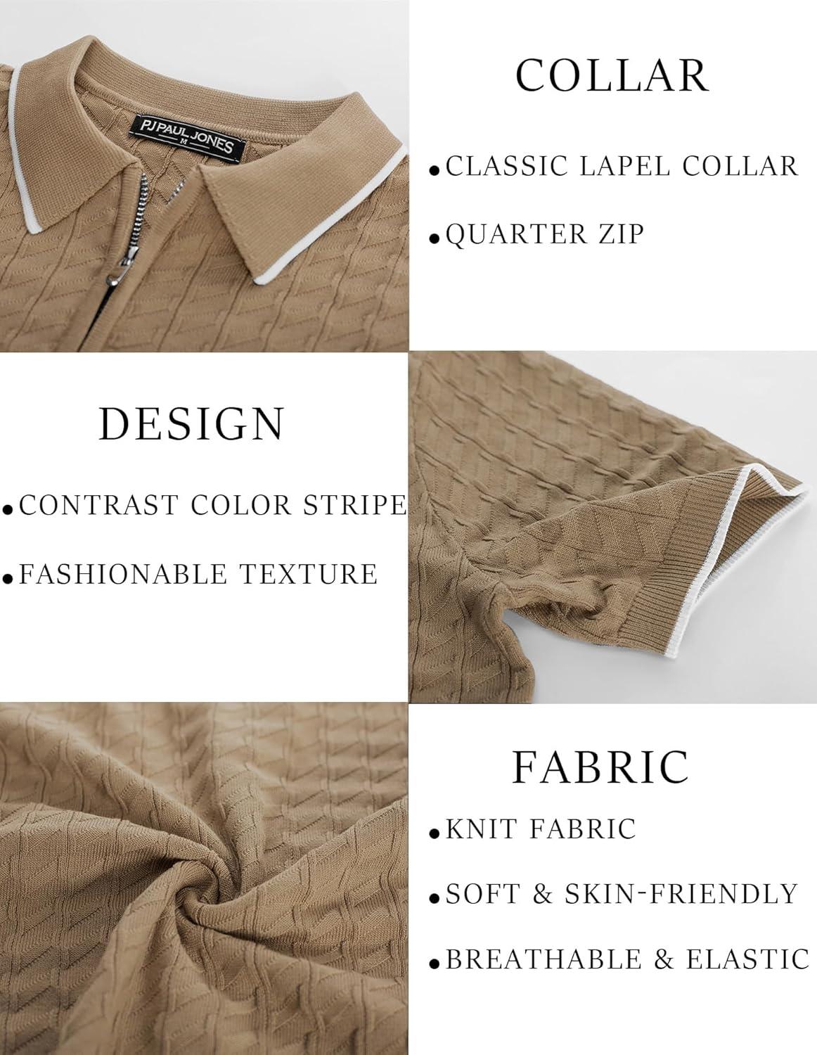 imagePJ PAUL JONES Mens Knit Polo Shirts Short Sleeve Quarter Zip Polo ShirtKhaki