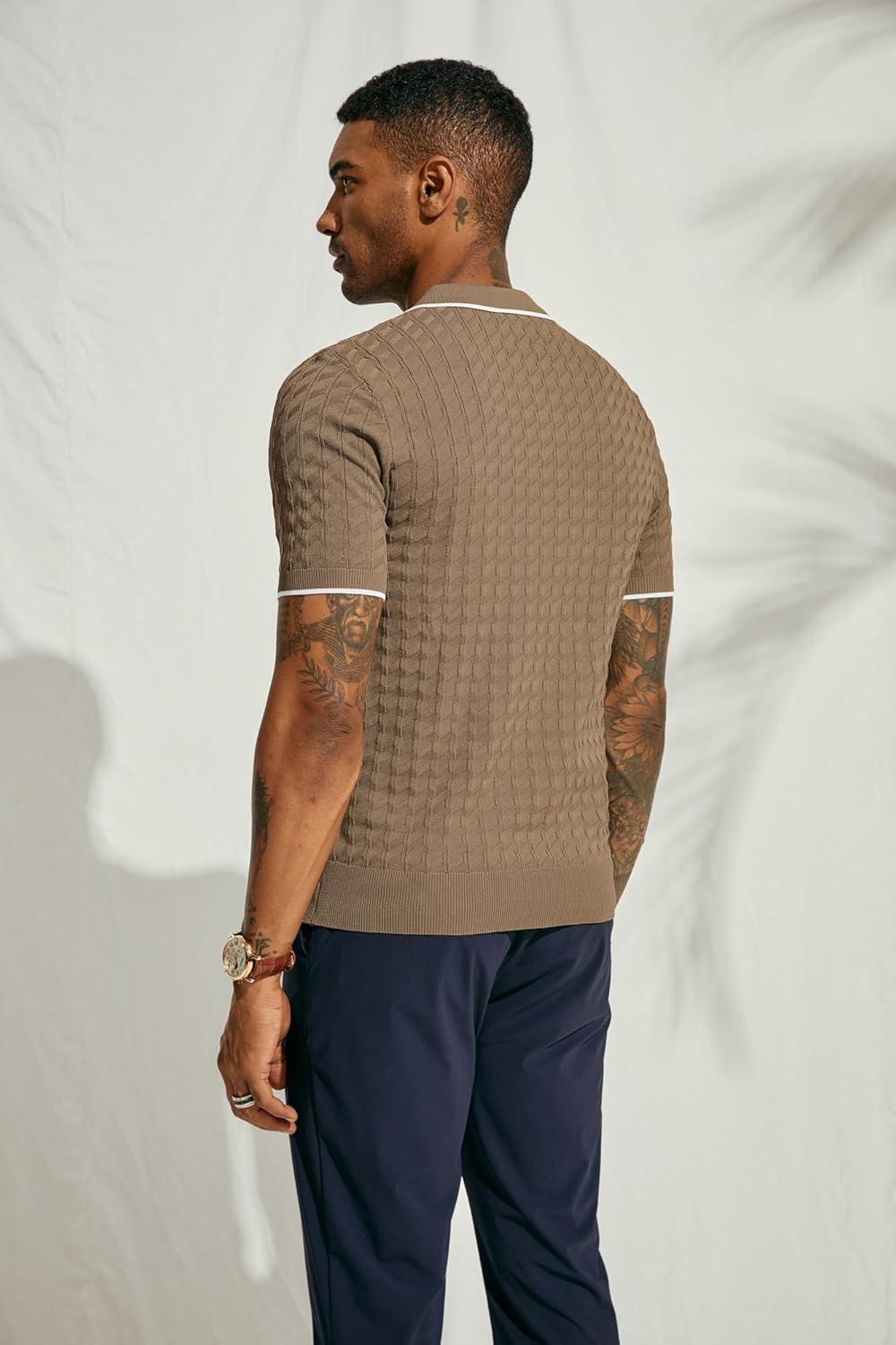 imagePJ PAUL JONES Mens Knit Polo Shirts Short Sleeve Quarter Zip Polo ShirtKhaki