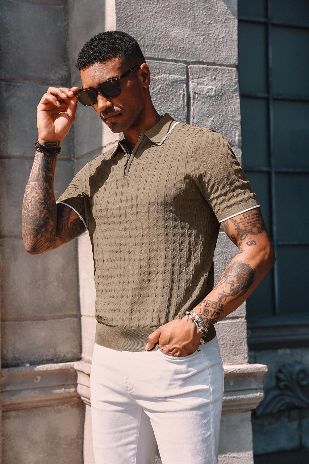 imagePJ PAUL JONES Mens Knit Polo Shirts Short Sleeve Quarter Zip Polo ShirtKhaki