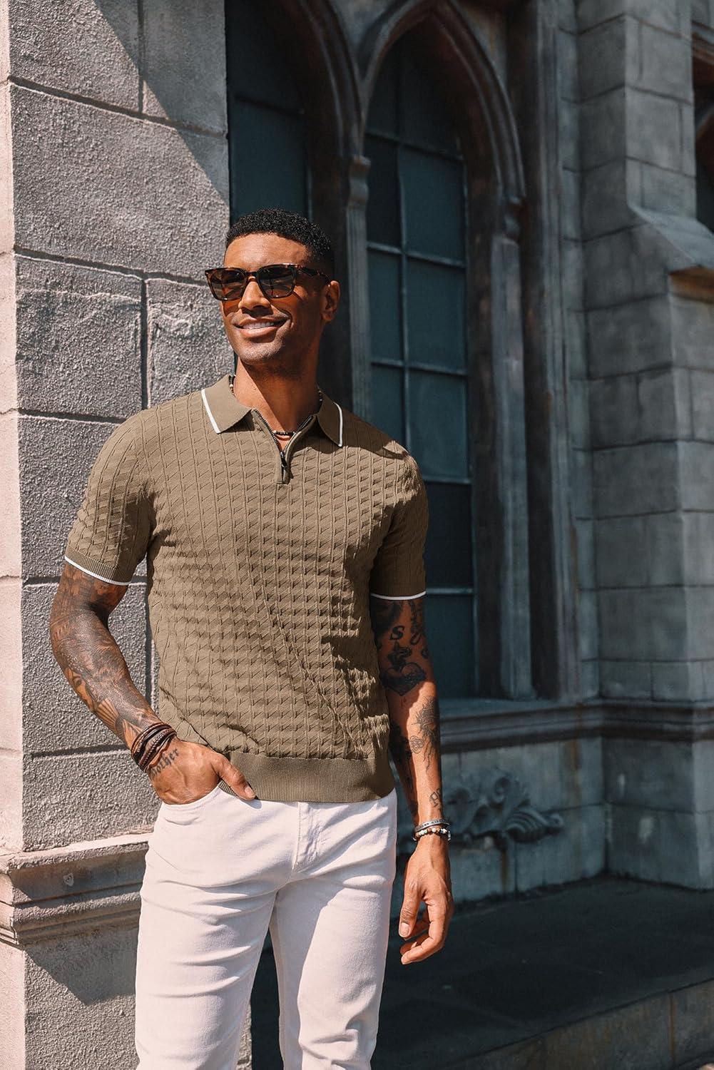 imagePJ PAUL JONES Mens Knit Polo Shirts Short Sleeve Quarter Zip Polo ShirtKhaki