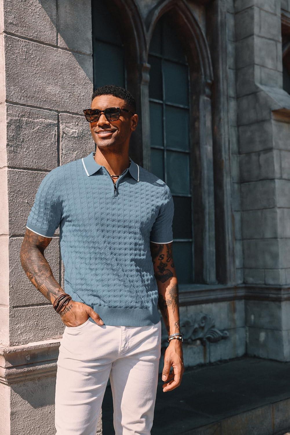 imagePJ PAUL JONES Mens Knit Polo Shirts Short Sleeve Quarter Zip Polo ShirtLight Blue