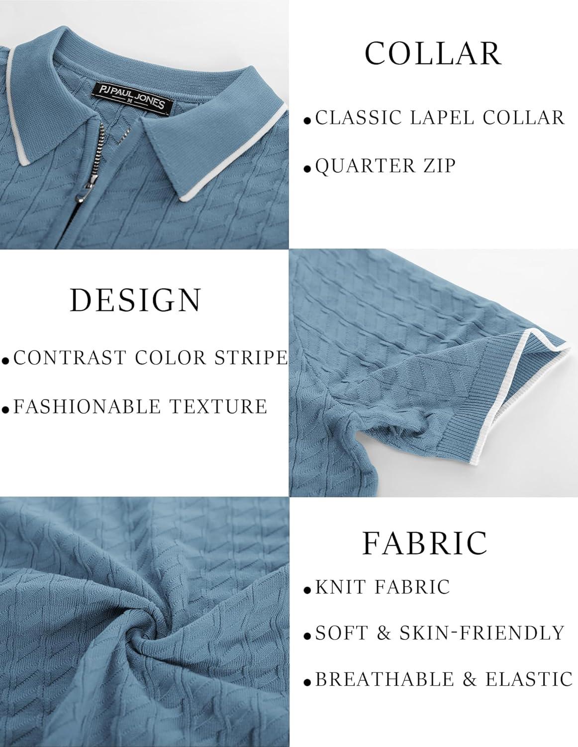 imagePJ PAUL JONES Mens Knit Polo Shirts Short Sleeve Quarter Zip Polo ShirtLight Blue