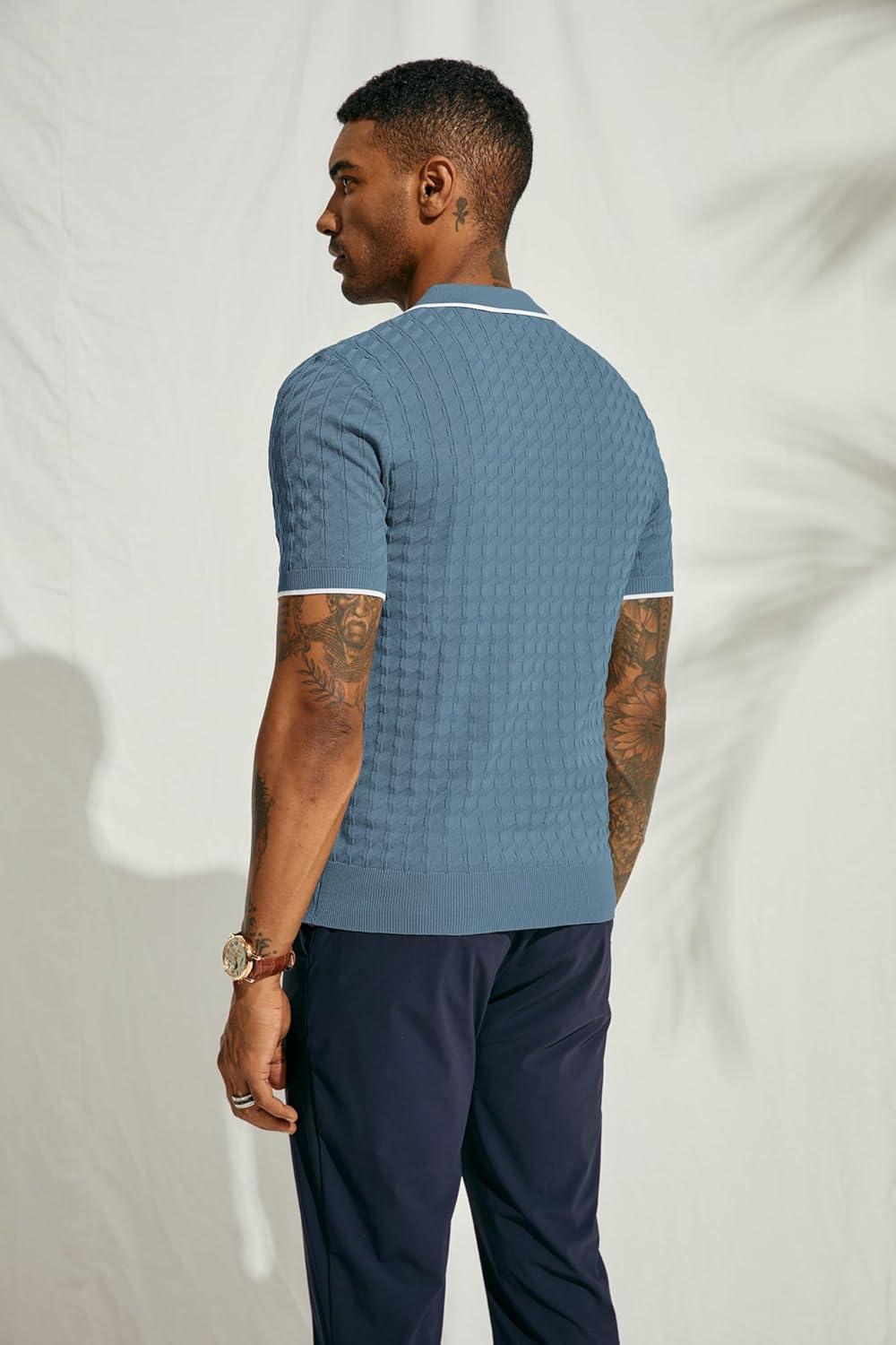 imagePJ PAUL JONES Mens Knit Polo Shirts Short Sleeve Quarter Zip Polo ShirtLight Blue