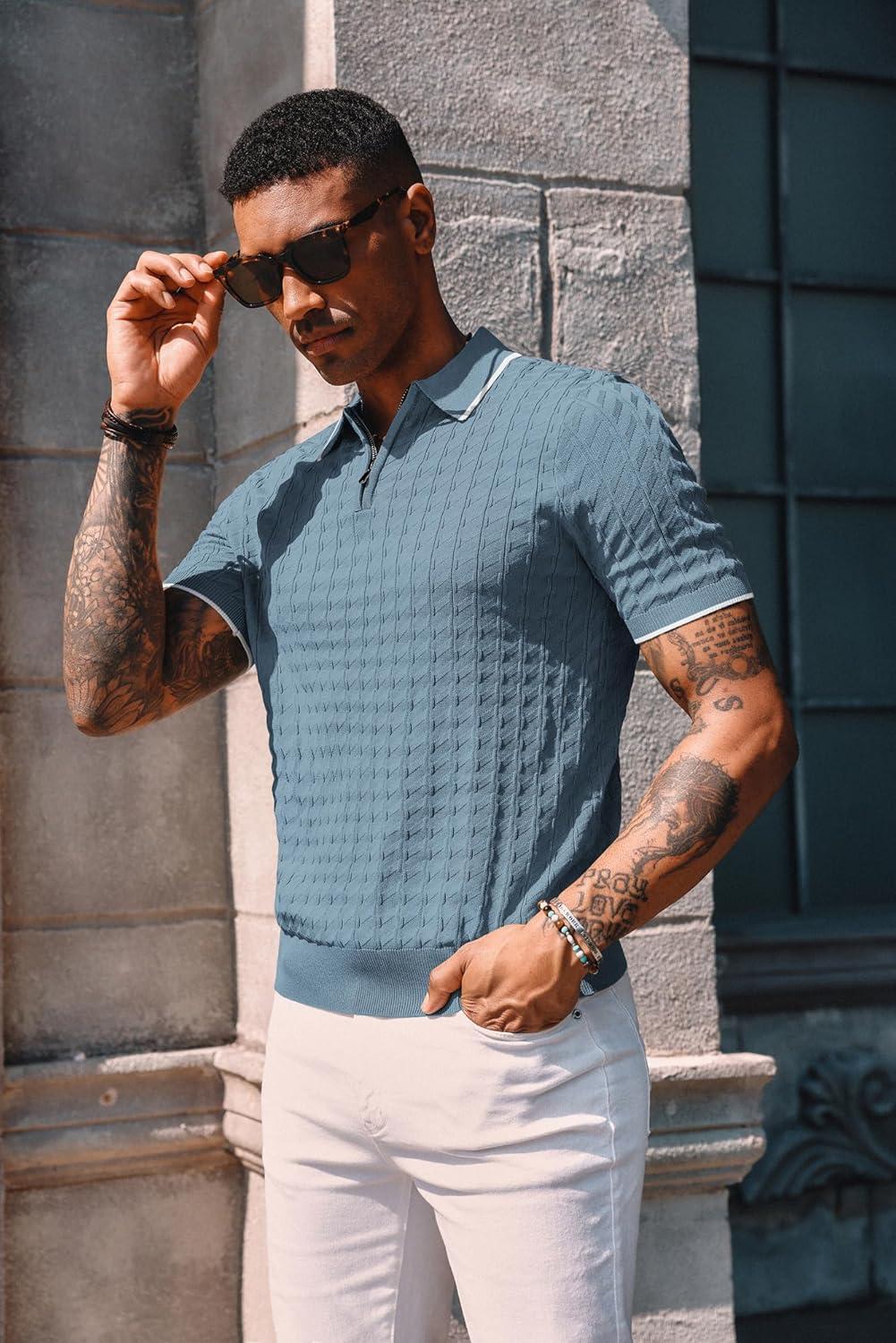 imagePJ PAUL JONES Mens Knit Polo Shirts Short Sleeve Quarter Zip Polo ShirtLight Blue