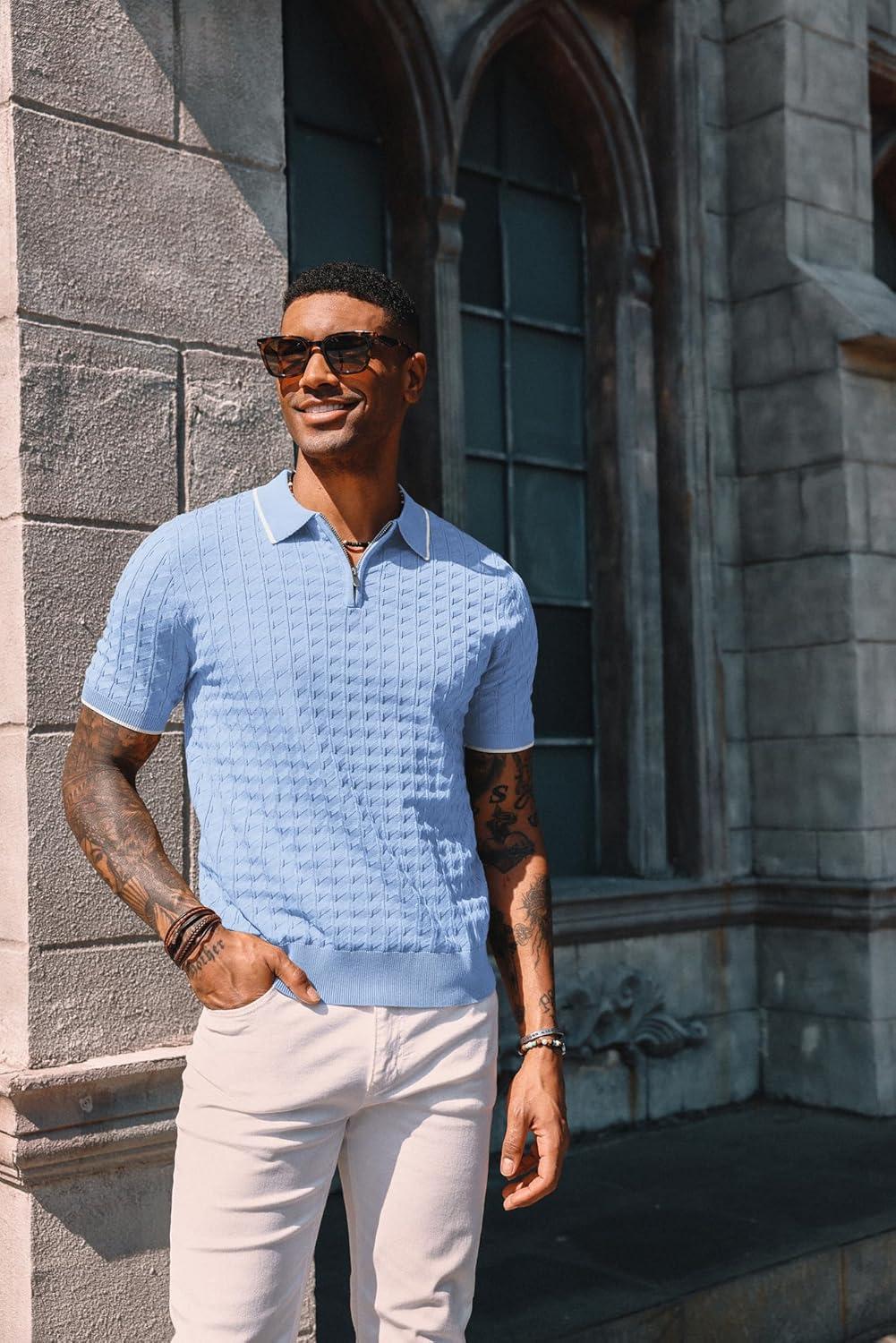 imagePJ PAUL JONES Mens Knit Polo Shirts Short Sleeve Quarter Zip Polo ShirtSky Blue