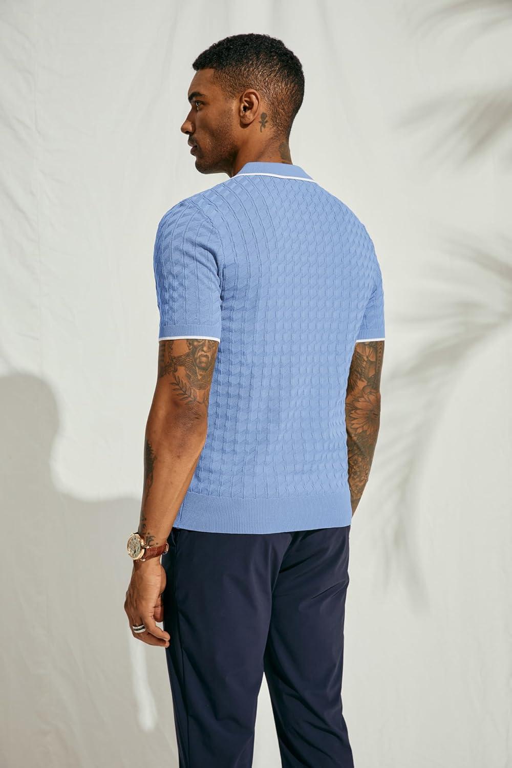 imagePJ PAUL JONES Mens Knit Polo Shirts Short Sleeve Quarter Zip Polo ShirtSky Blue