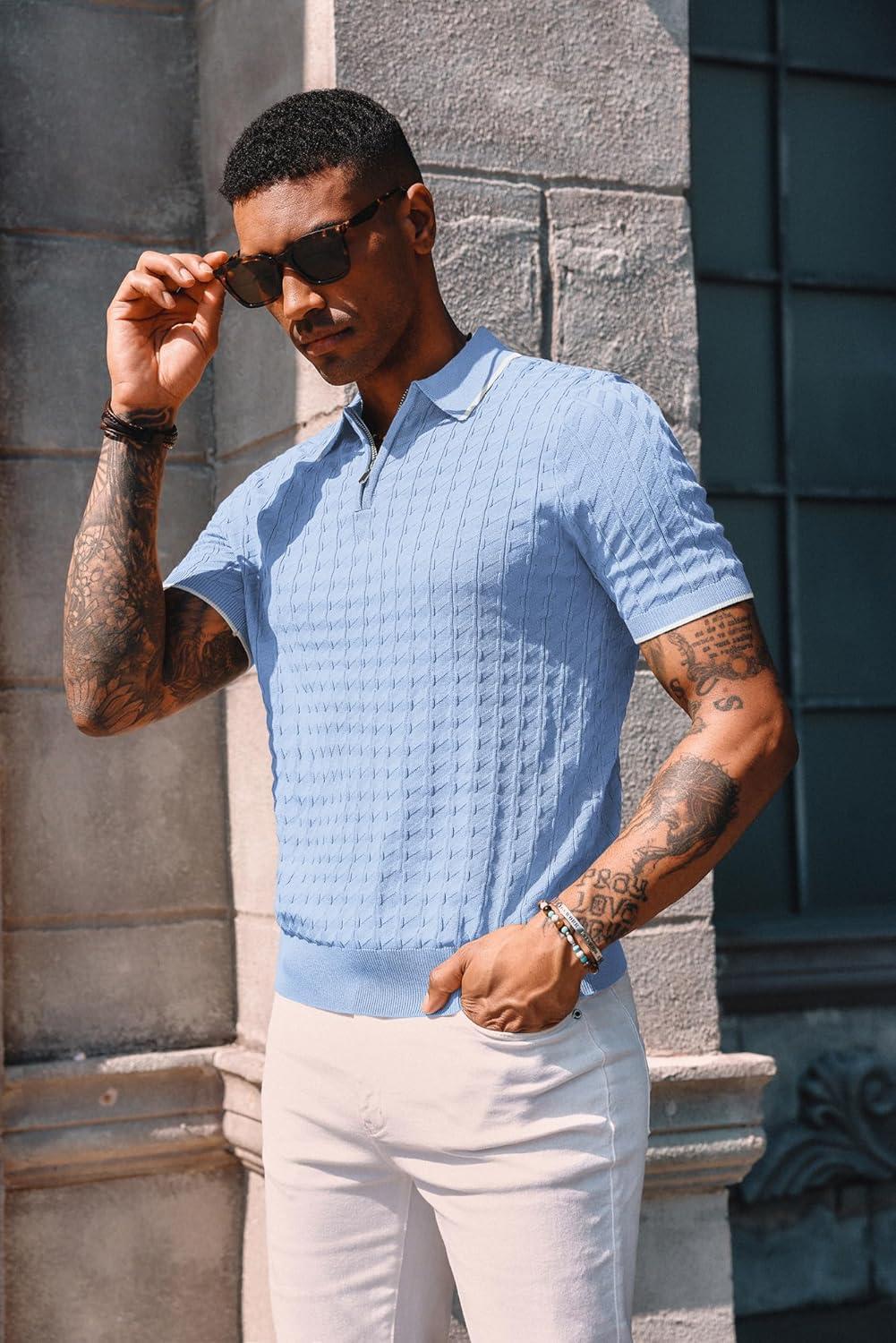 imagePJ PAUL JONES Mens Knit Polo Shirts Short Sleeve Quarter Zip Polo ShirtSky Blue