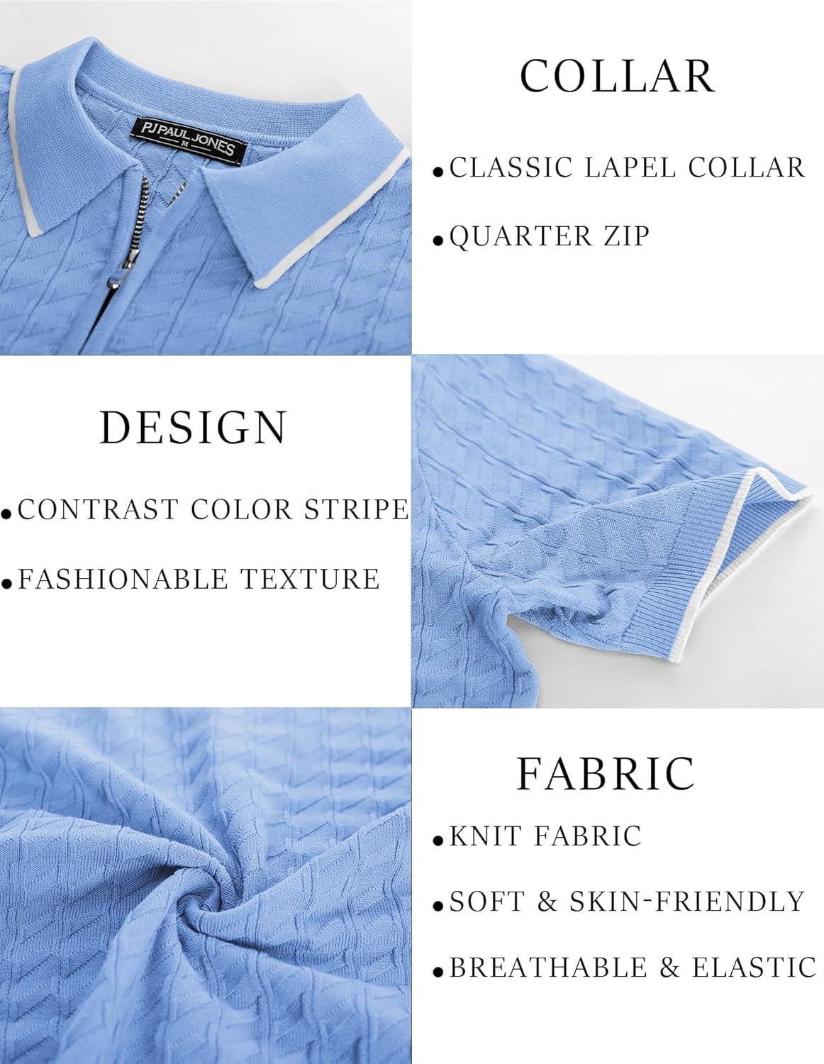imagePJ PAUL JONES Mens Knit Polo Shirts Short Sleeve Quarter Zip Polo ShirtSky Blue