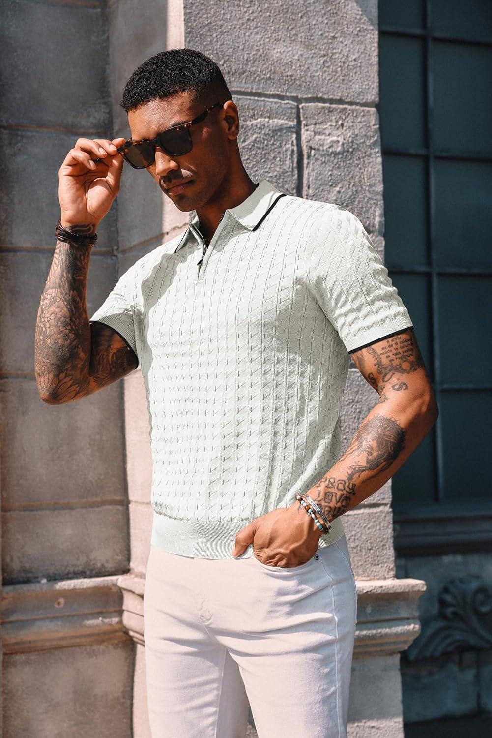 imagePJ PAUL JONES Mens Knit Polo Shirts Short Sleeve Quarter Zip Polo ShirtWhite