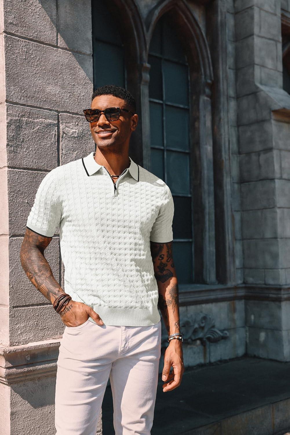 imagePJ PAUL JONES Mens Knit Polo Shirts Short Sleeve Quarter Zip Polo ShirtWhite