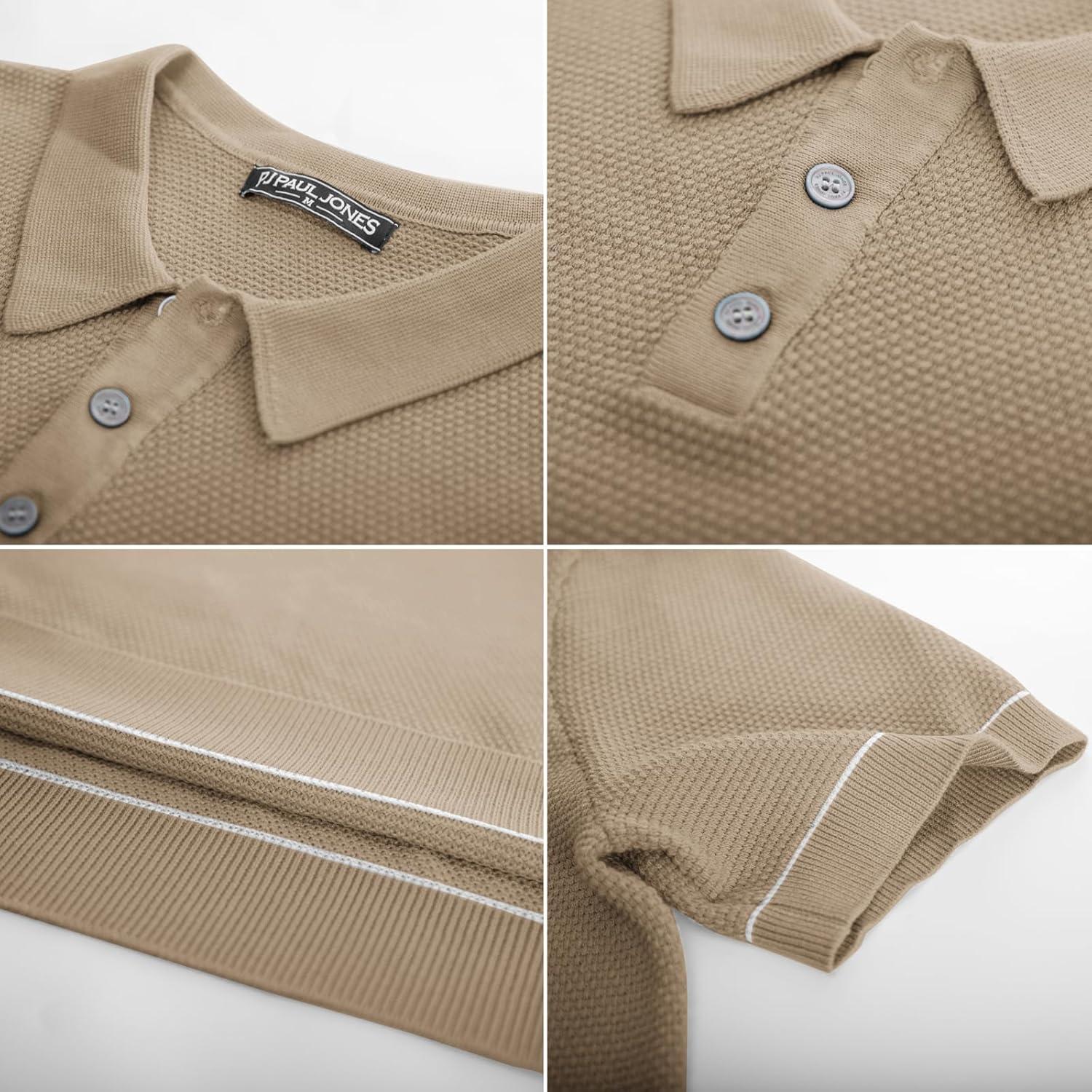 imagePJ PAUL JONES Mens Knit Polo Shirts Short Sleeve Textured Polo Shirts Sretchy Regular FitCamel