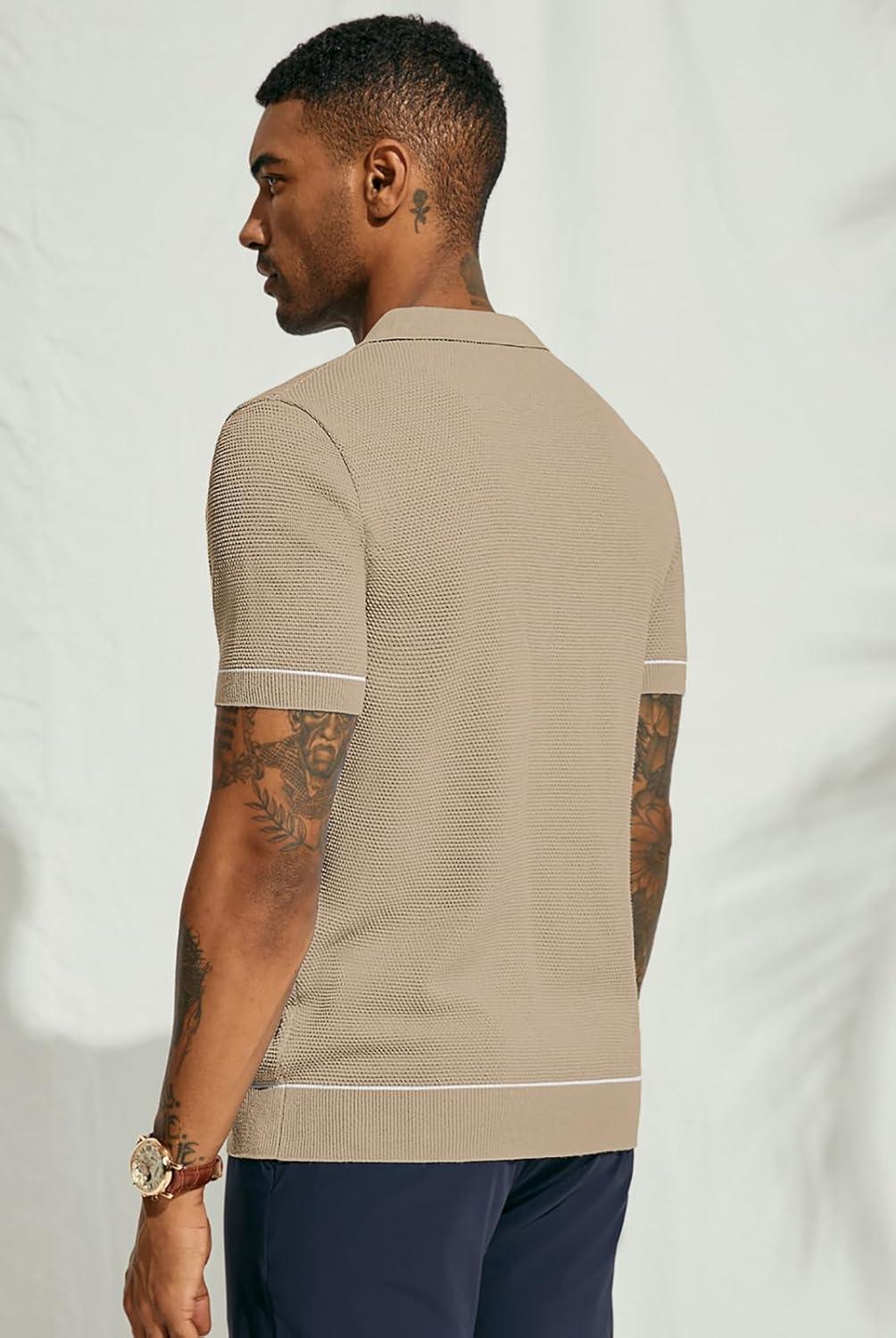 imagePJ PAUL JONES Mens Knit Polo Shirts Short Sleeve Textured Polo Shirts Sretchy Regular FitCamel