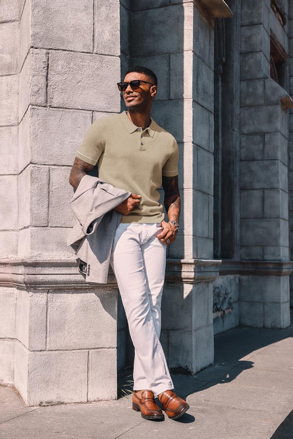 imagePJ PAUL JONES Mens Knit Polo Shirts Short Sleeve Textured Polo Shirts Sretchy Regular FitCamel