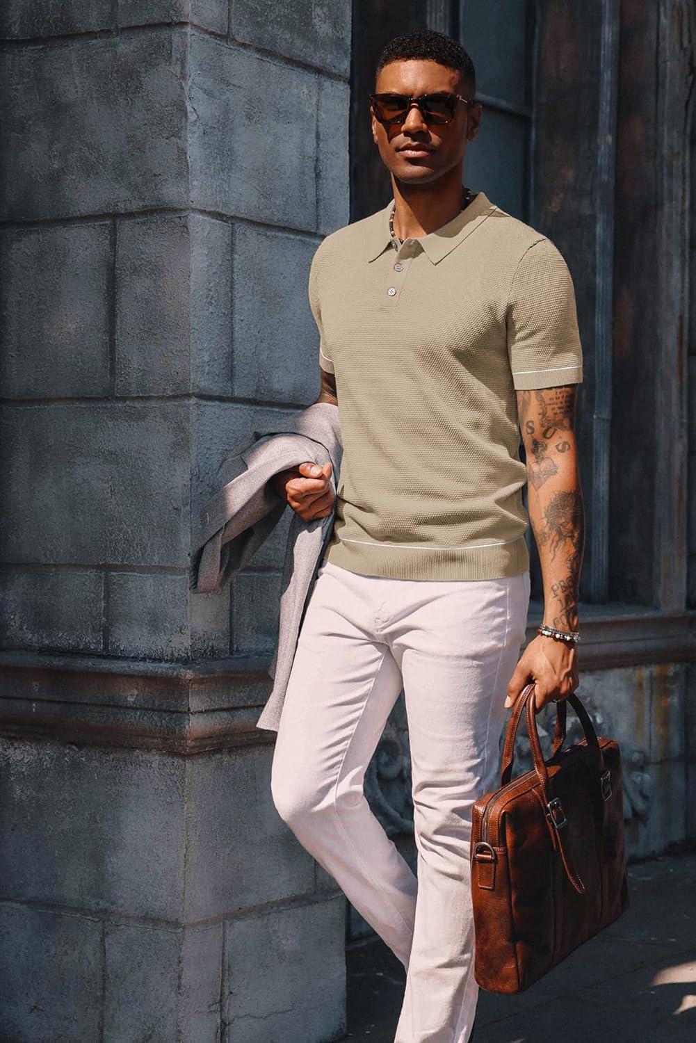 imagePJ PAUL JONES Mens Knit Polo Shirts Short Sleeve Textured Polo Shirts Sretchy Regular FitCamel