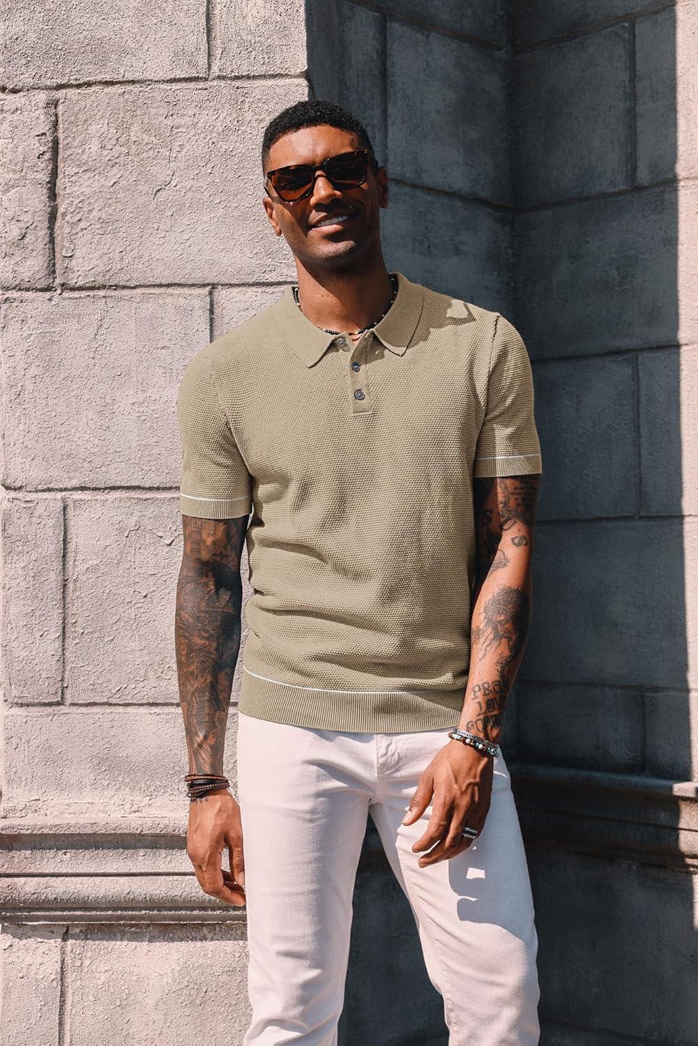 imagePJ PAUL JONES Mens Knit Polo Shirts Short Sleeve Textured Polo Shirts Sretchy Regular FitCamel