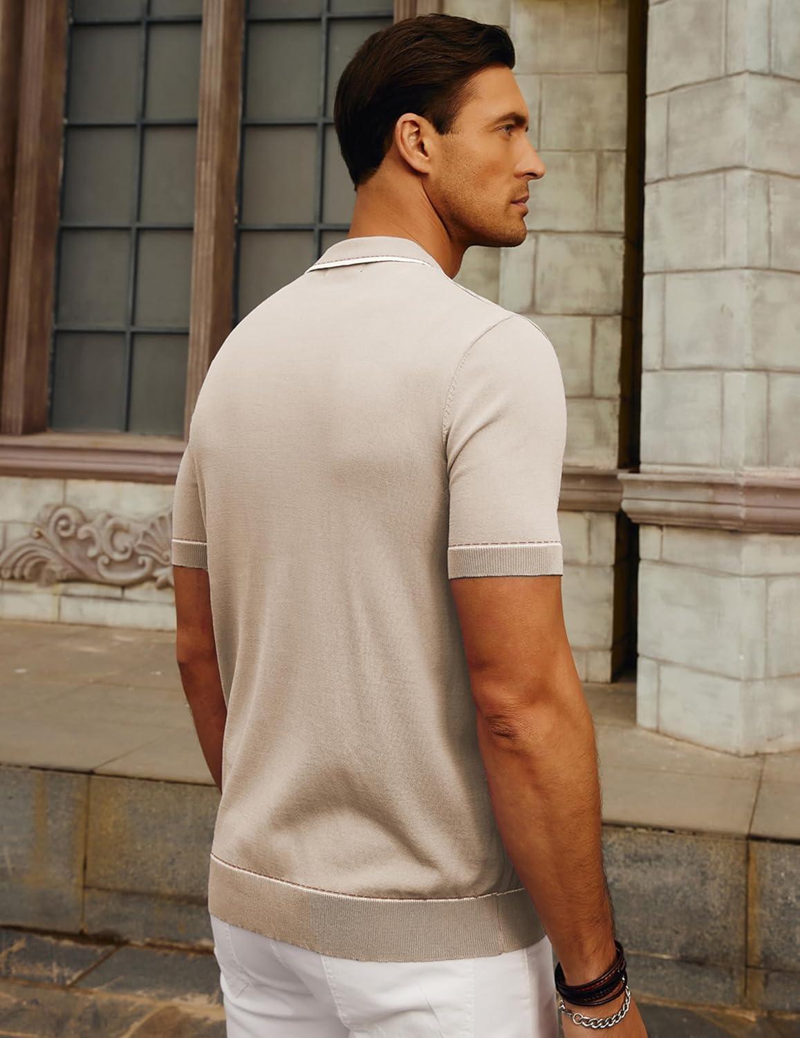 imagePJ PAUL JONES Mens Knit Shirts Vintage Retro Short Sleeve Button Down Vacation Polo ShirtsApricot