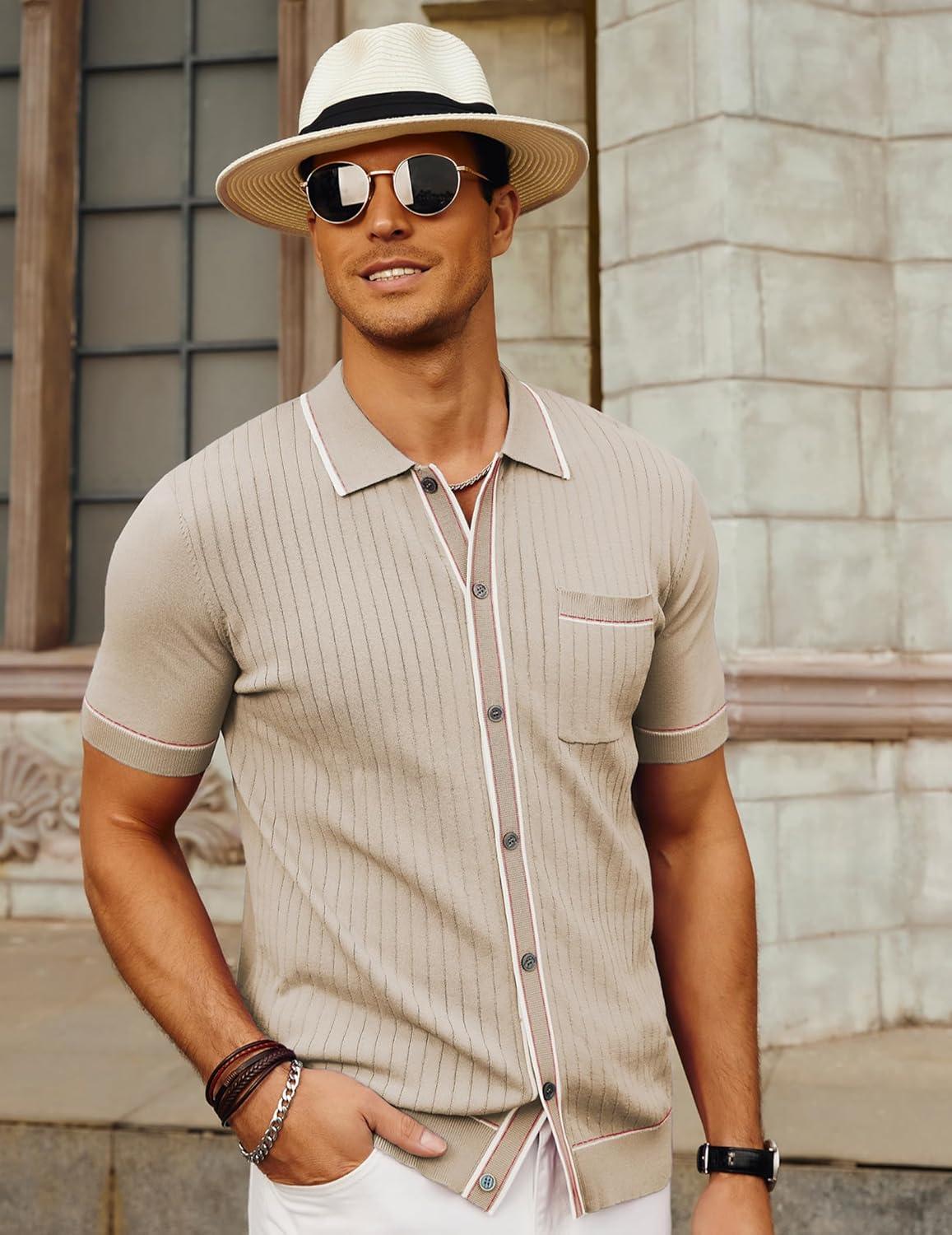 imagePJ PAUL JONES Mens Knit Shirts Vintage Retro Short Sleeve Button Down Vacation Polo ShirtsApricot