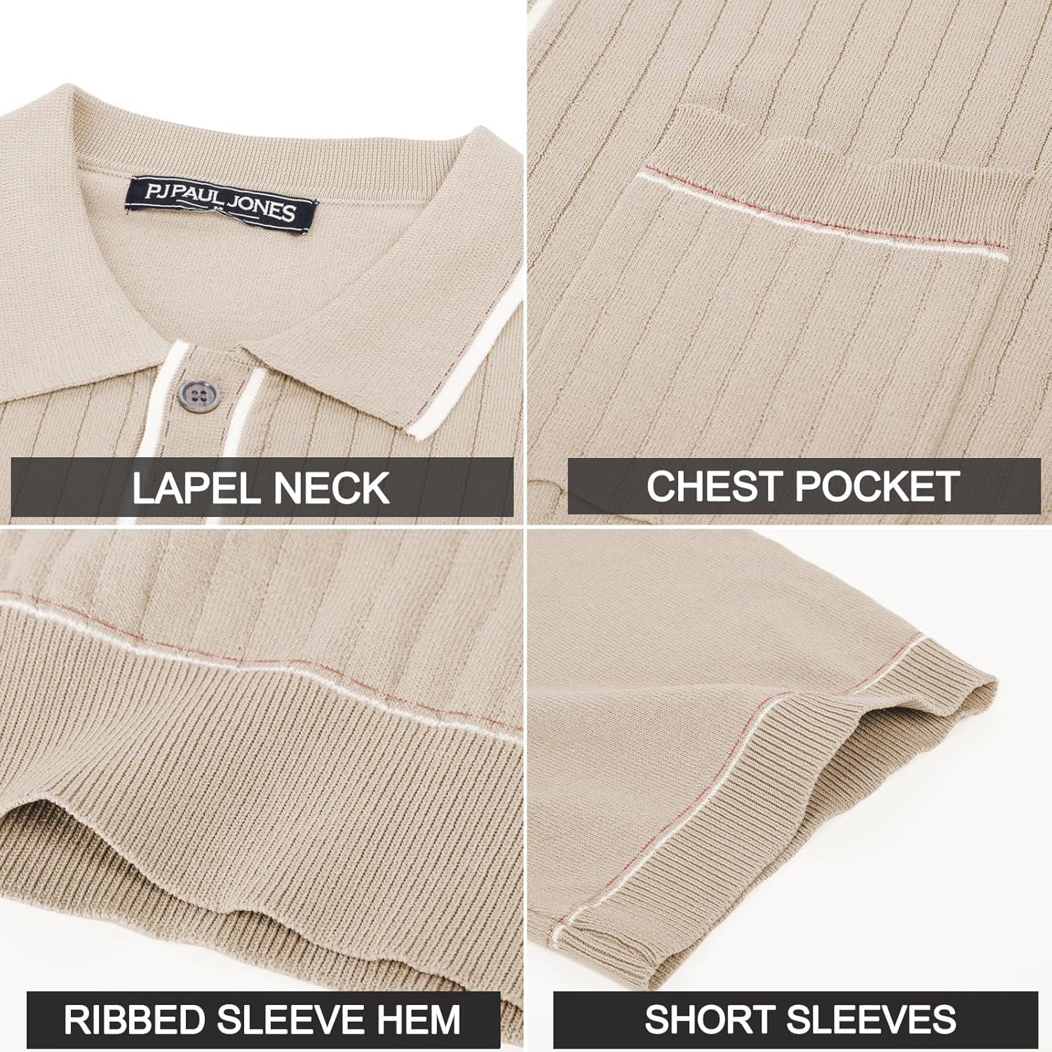 imagePJ PAUL JONES Mens Knit Shirts Vintage Retro Short Sleeve Button Down Vacation Polo ShirtsApricot