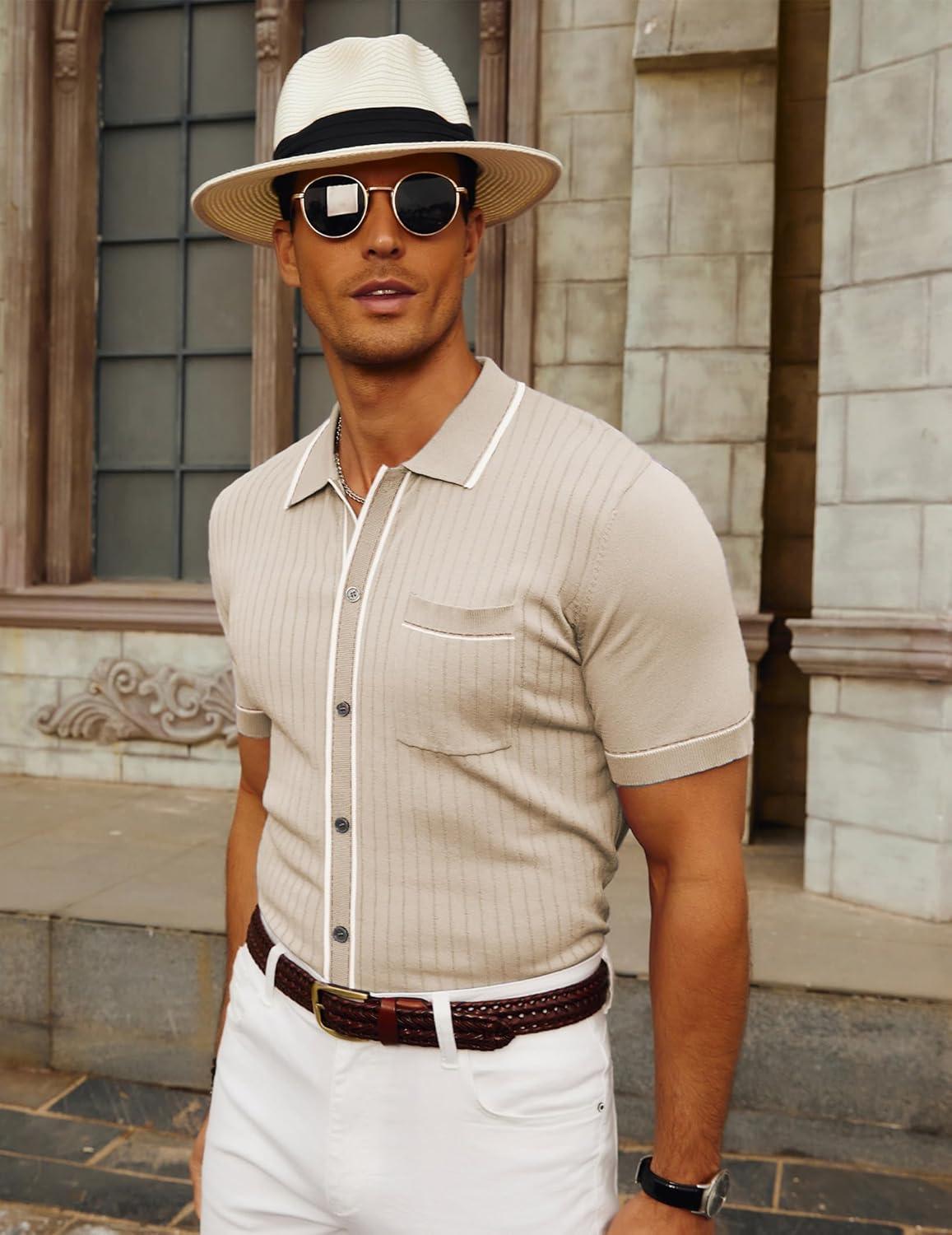 imagePJ PAUL JONES Mens Knit Shirts Vintage Retro Short Sleeve Button Down Vacation Polo ShirtsApricot