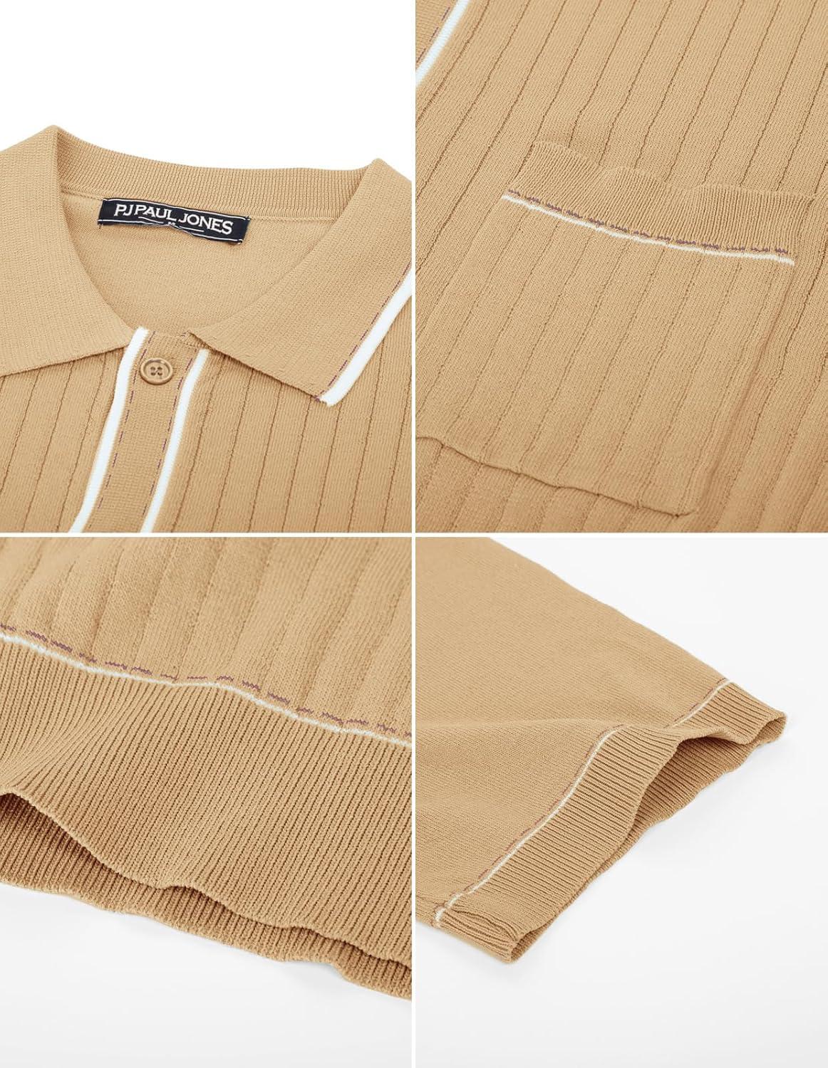 imagePJ PAUL JONES Mens Knit Shirts Vintage Retro Short Sleeve Button Down Vacation Polo ShirtsApricot Camel