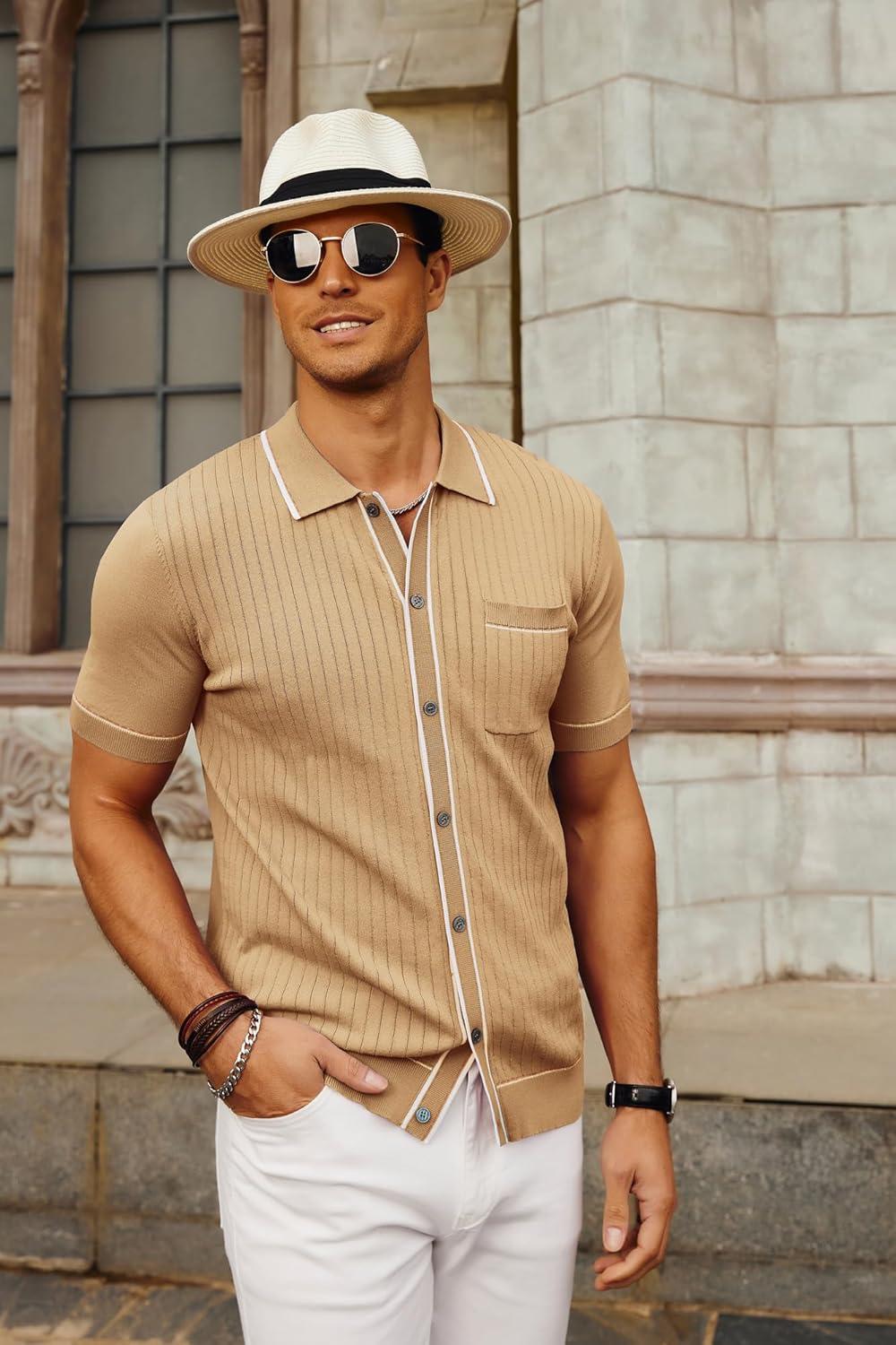 imagePJ PAUL JONES Mens Knit Shirts Vintage Retro Short Sleeve Button Down Vacation Polo ShirtsApricot Camel