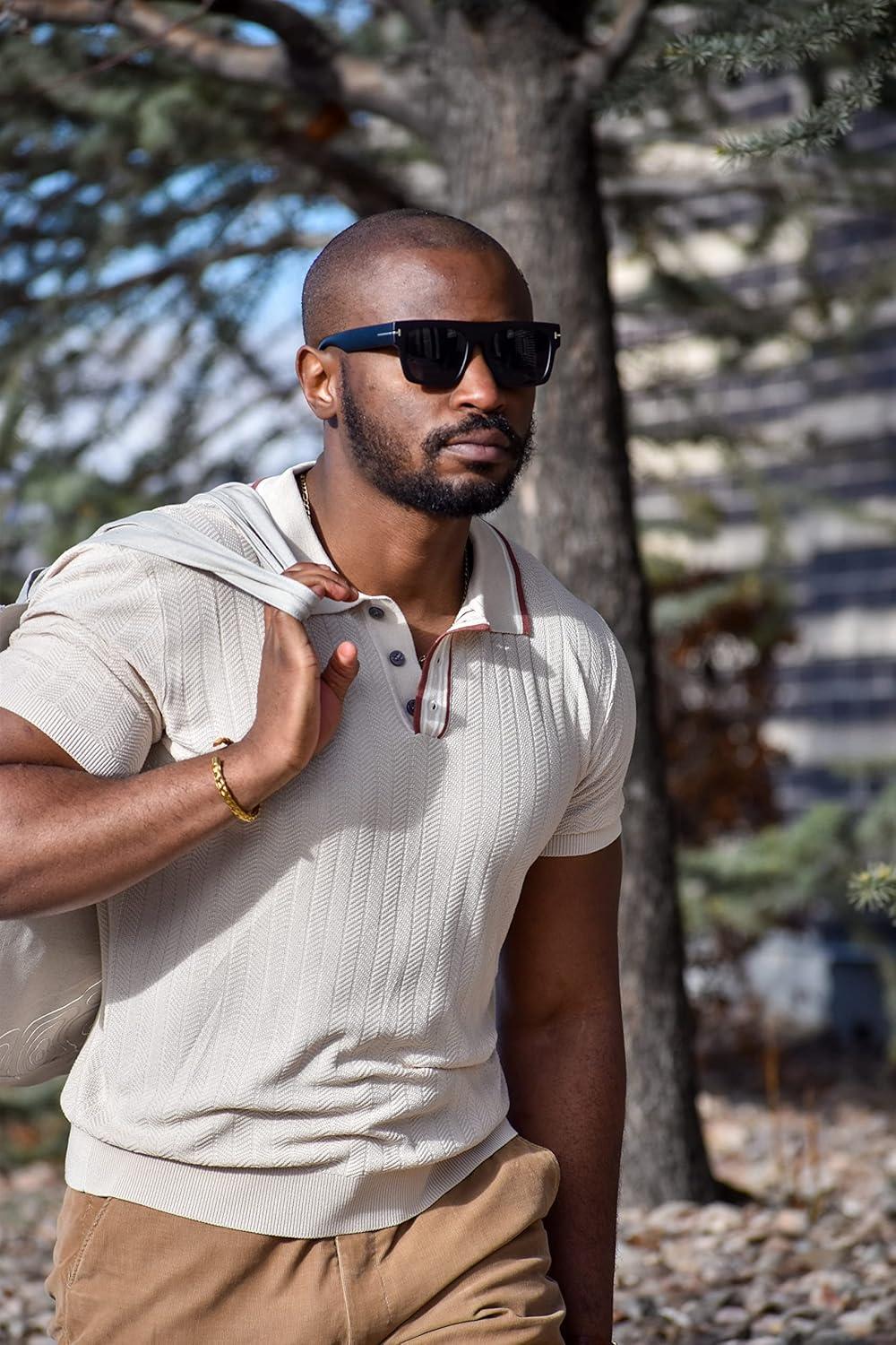 imagePJ PAUL JONES Mens Knitted Polo Shirts Short Sleeve Textured Pullover Golf Polo T ShirtsBeige