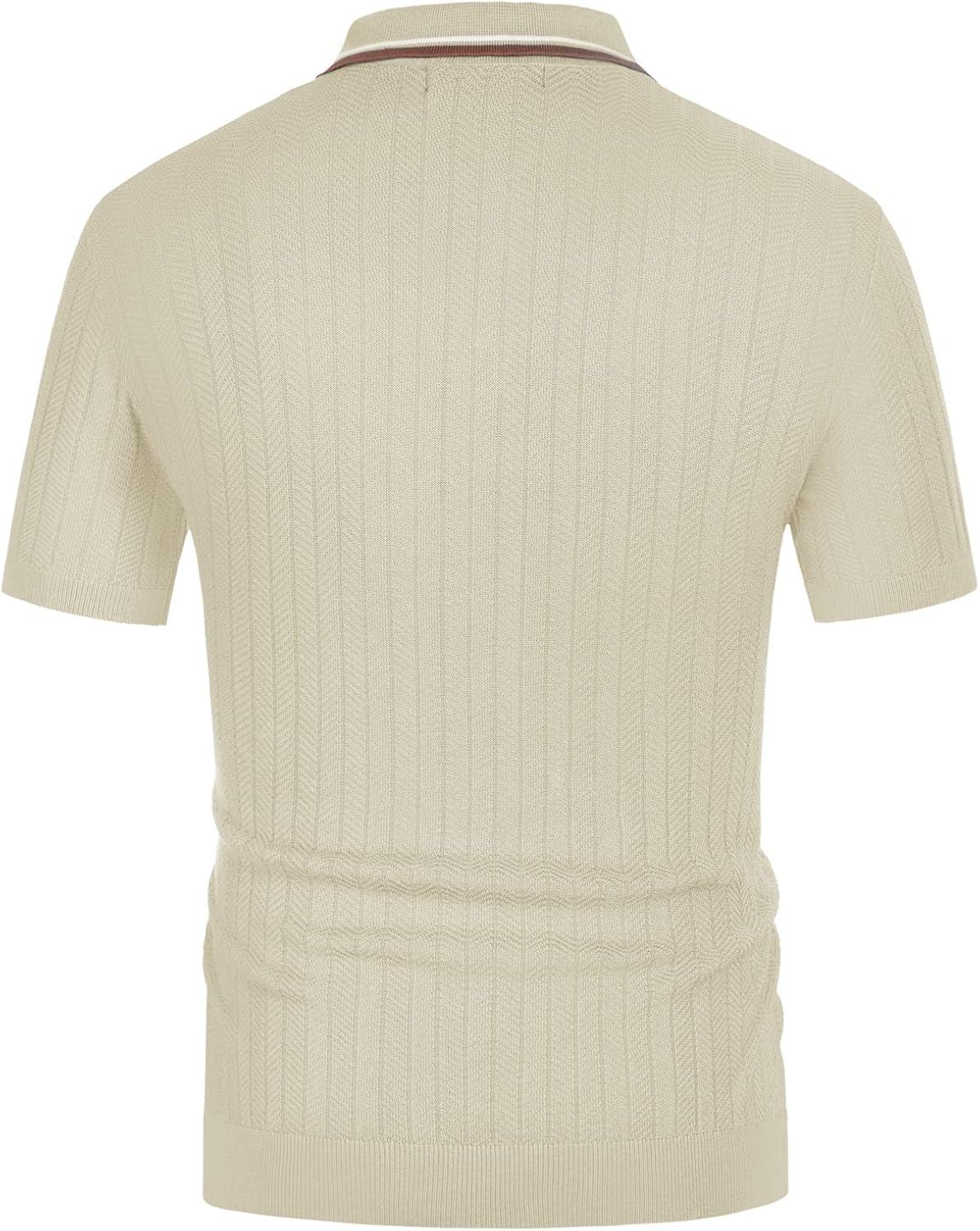 imagePJ PAUL JONES Mens Knitted Polo Shirts Short Sleeve Textured Pullover Golf Polo T ShirtsBeige