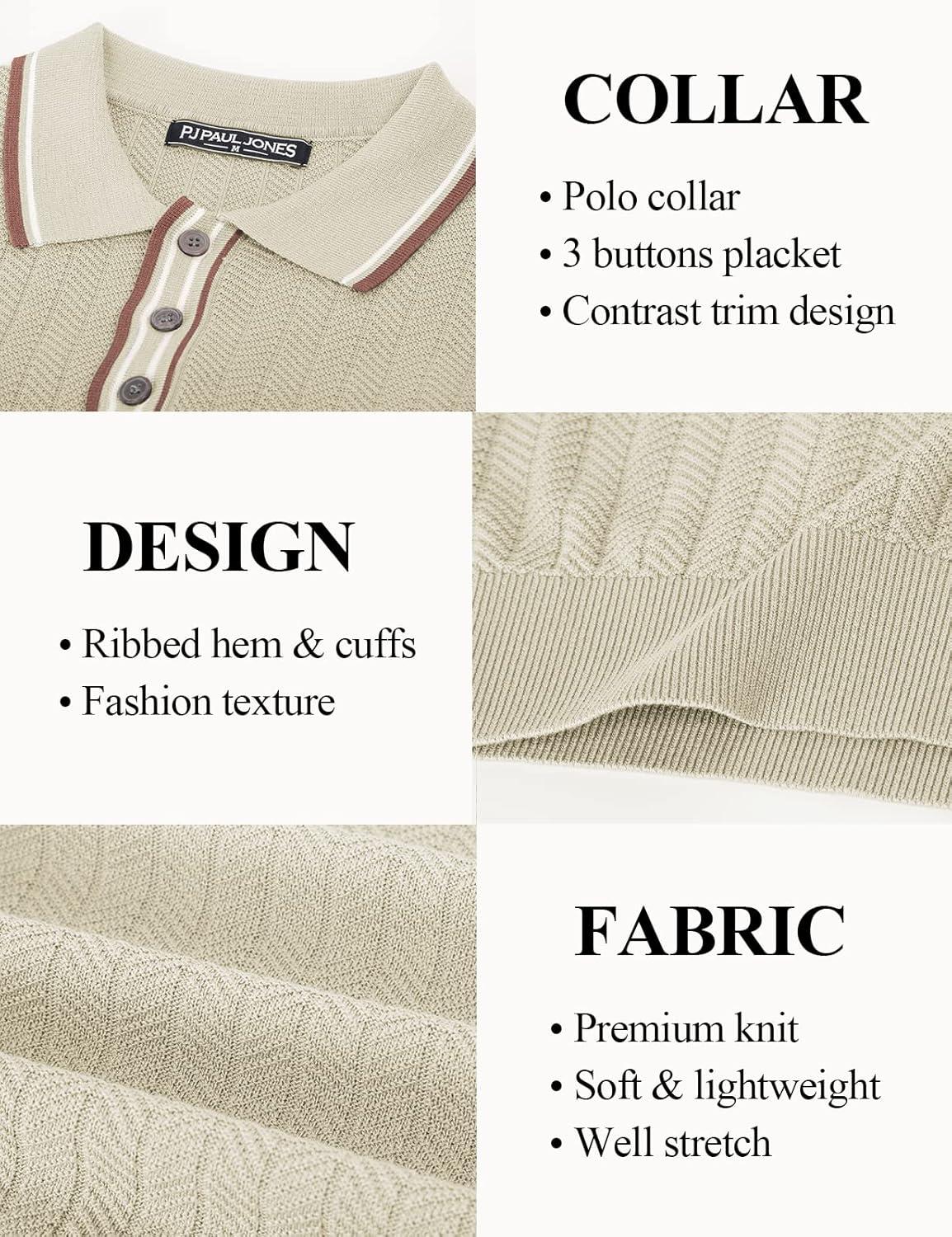 imagePJ PAUL JONES Mens Knitted Polo Shirts Short Sleeve Textured Pullover Golf Polo T ShirtsBeige