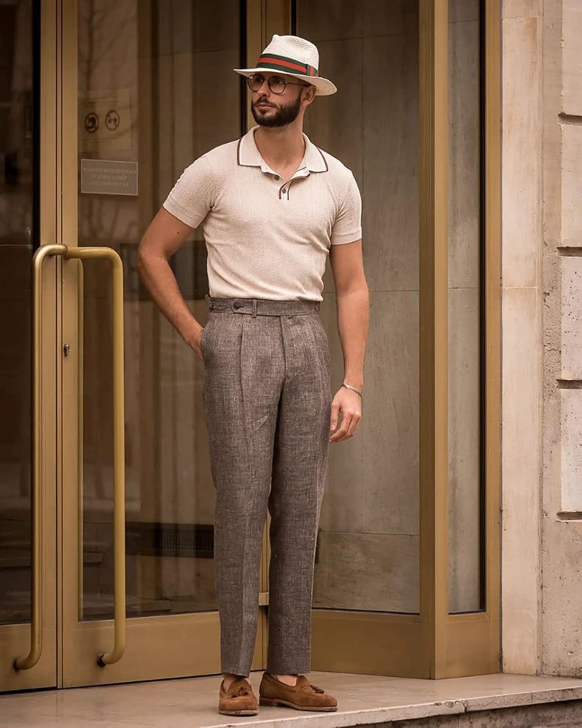 imagePJ PAUL JONES Mens Knitted Polo Shirts Short Sleeve Textured Pullover Golf Polo T ShirtsBeige