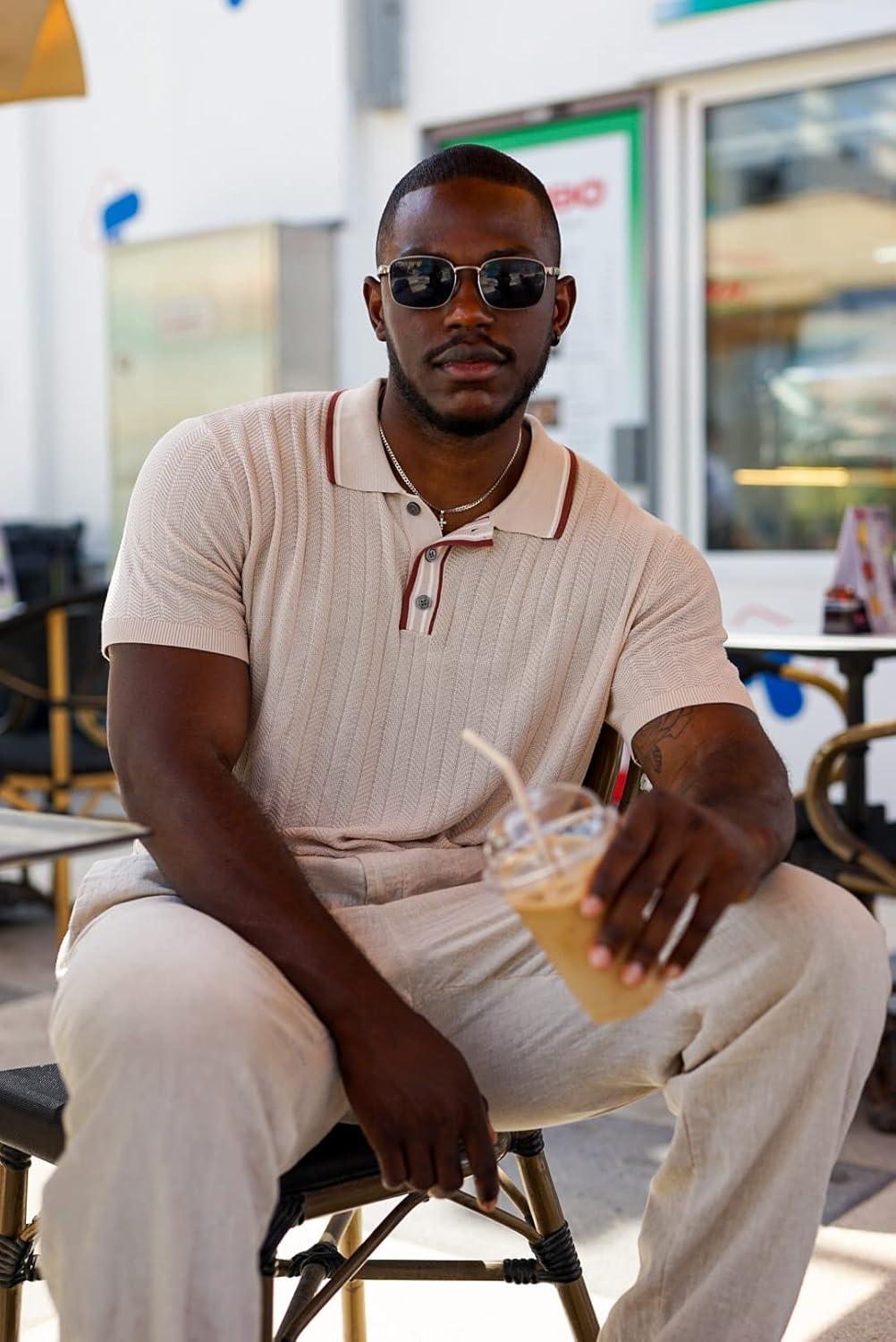 imagePJ PAUL JONES Mens Knitted Polo Shirts Short Sleeve Textured Pullover Golf Polo T ShirtsBeige