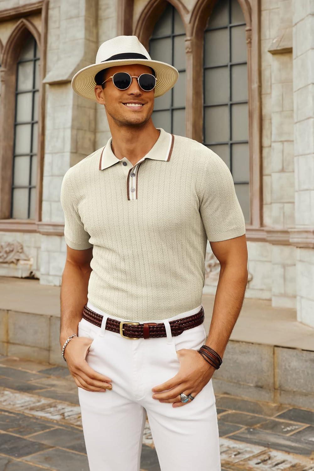 imagePJ PAUL JONES Mens Knitted Polo Shirts Short Sleeve Textured Pullover Golf Polo T ShirtsBeige