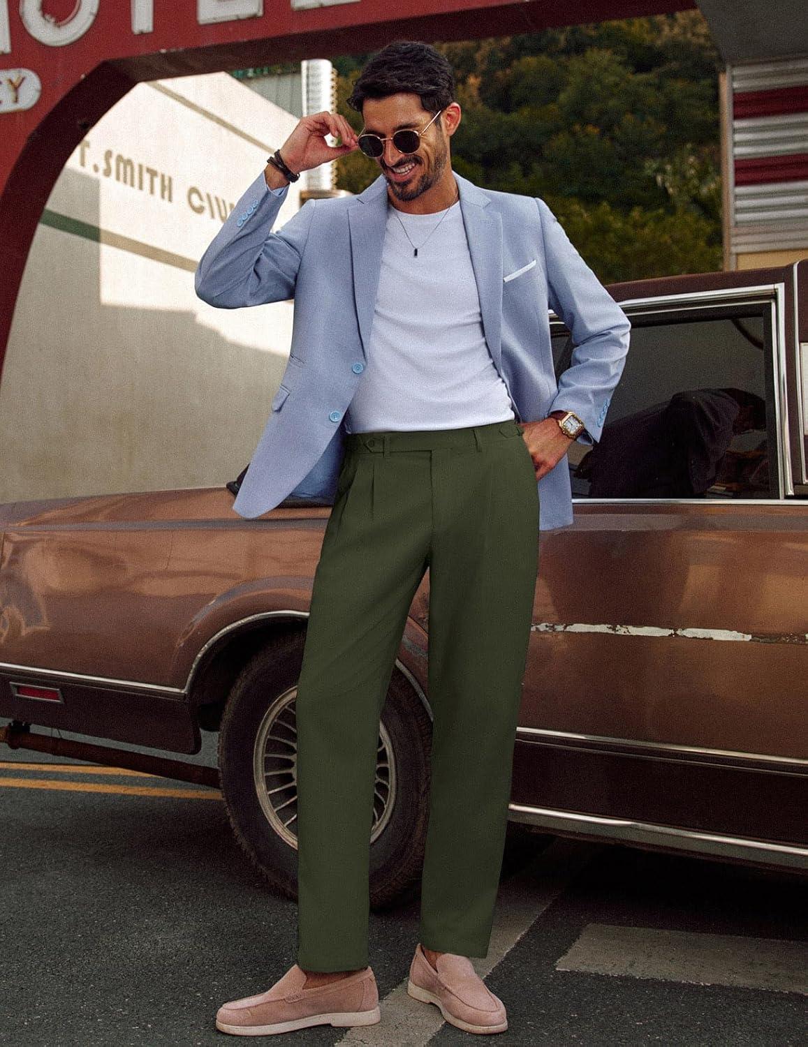 imagePJ PAUL JONES Mens Linen Dress Pants Casual Slim Fit Expandable Wasit Pleated Front TrousersArmy Green