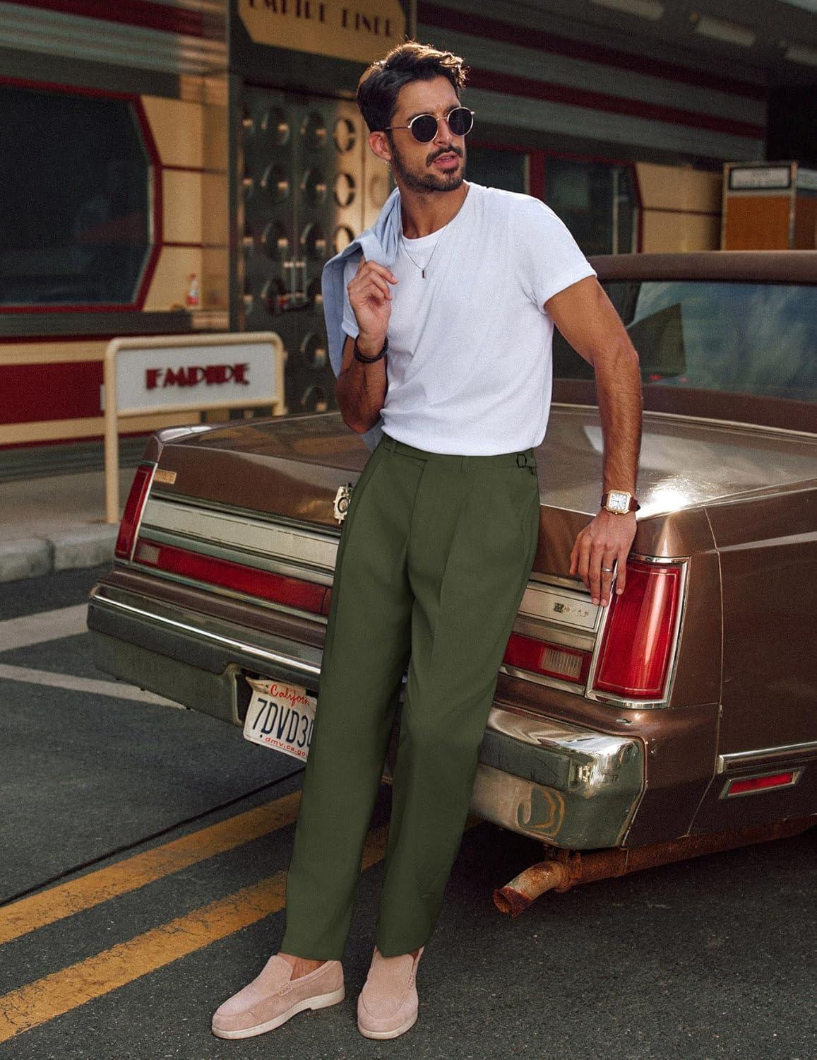 imagePJ PAUL JONES Mens Linen Dress Pants Casual Slim Fit Expandable Wasit Pleated Front TrousersArmy Green