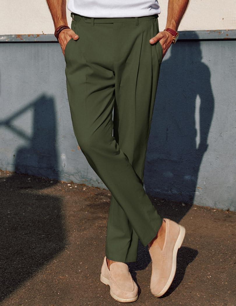 imagePJ PAUL JONES Mens Linen Dress Pants Casual Slim Fit Expandable Wasit Pleated Front TrousersArmy Green