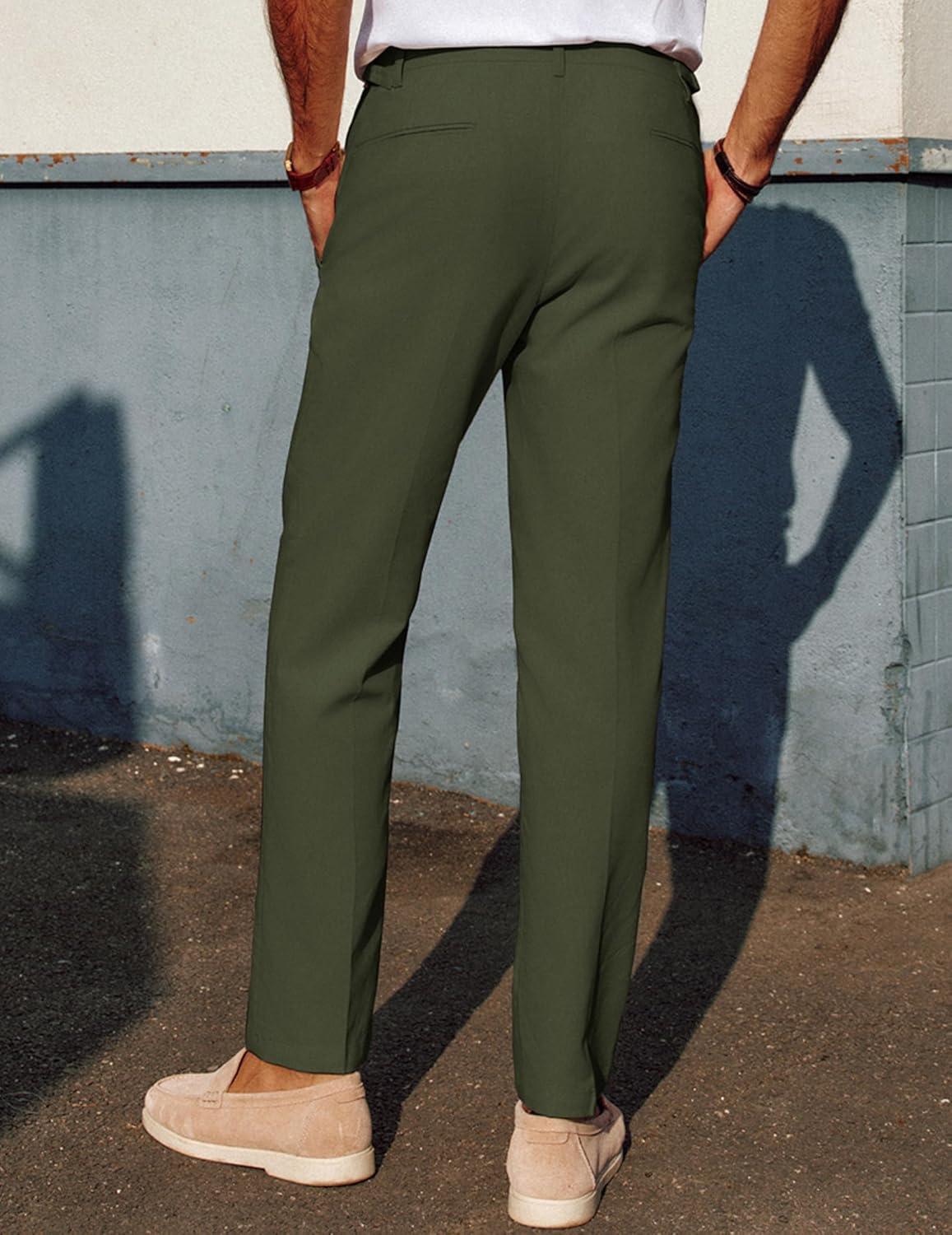 imagePJ PAUL JONES Mens Linen Dress Pants Casual Slim Fit Expandable Wasit Pleated Front TrousersArmy Green